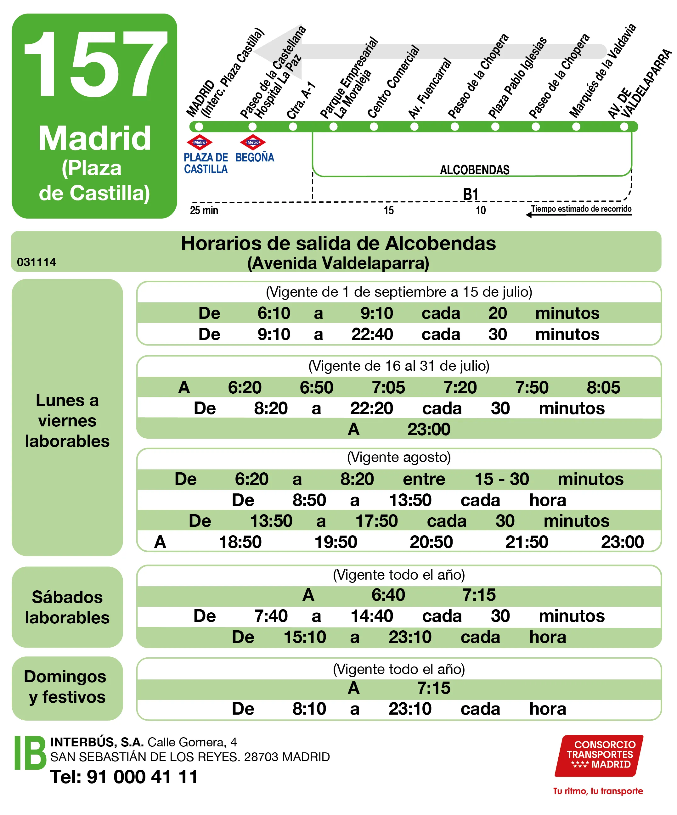 Horario de vuelta de la línea 157 - Autobuses interurbanos Madrid