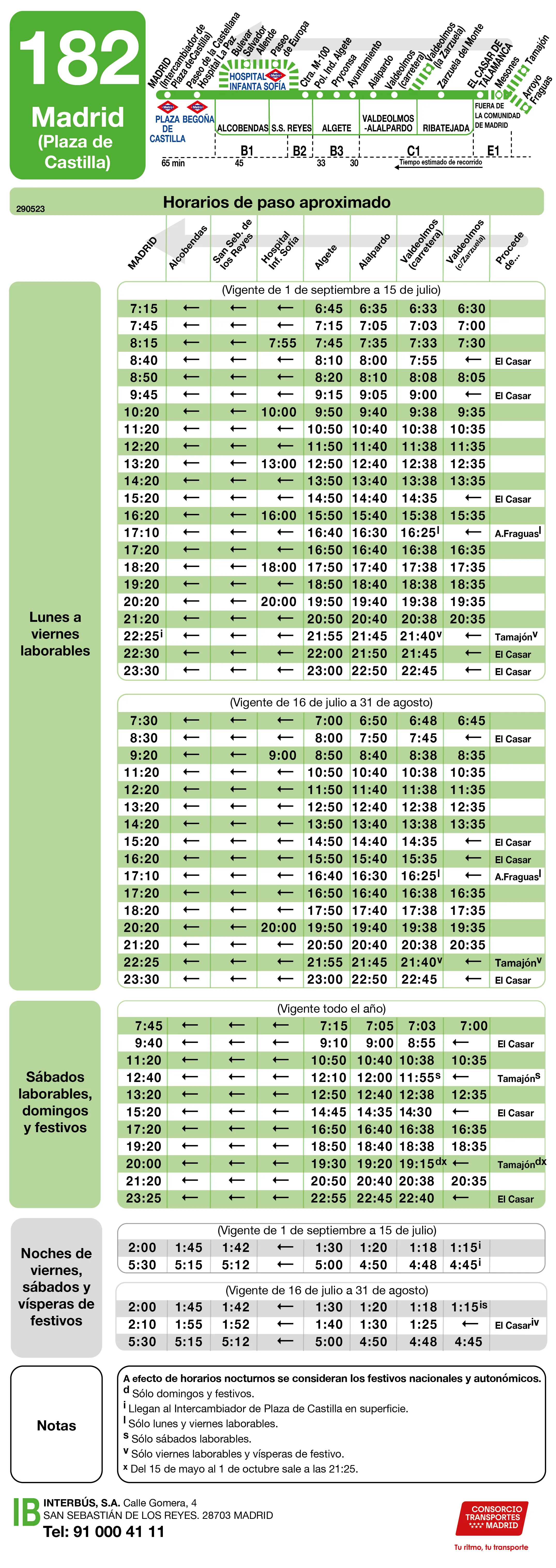 Horario de vuelta de la línea 182 - Autobuses interurbanos Madrid