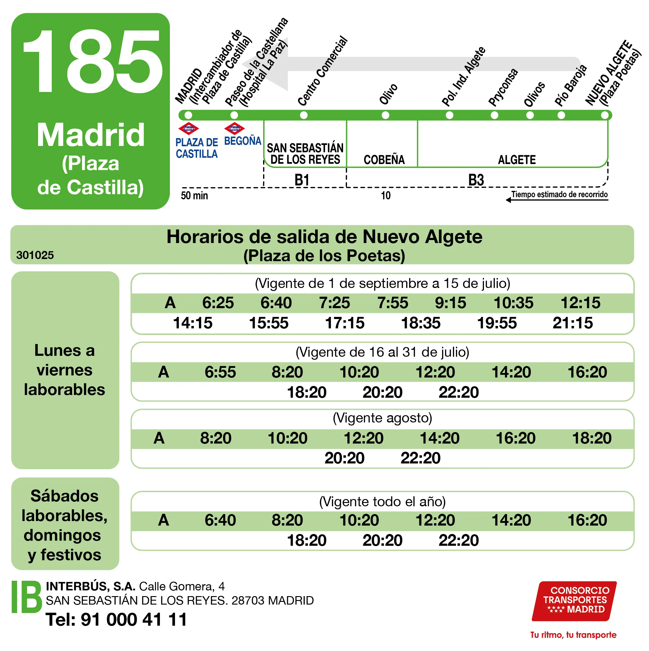 Horario de vuelta de la línea 185 - Autobuses interurbanos Madrid