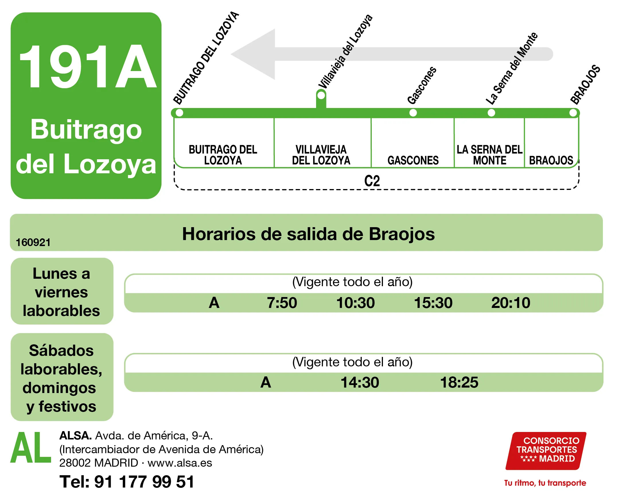 Horario de vuelta de la línea 191A - Autobuses interurbanos Madrid
