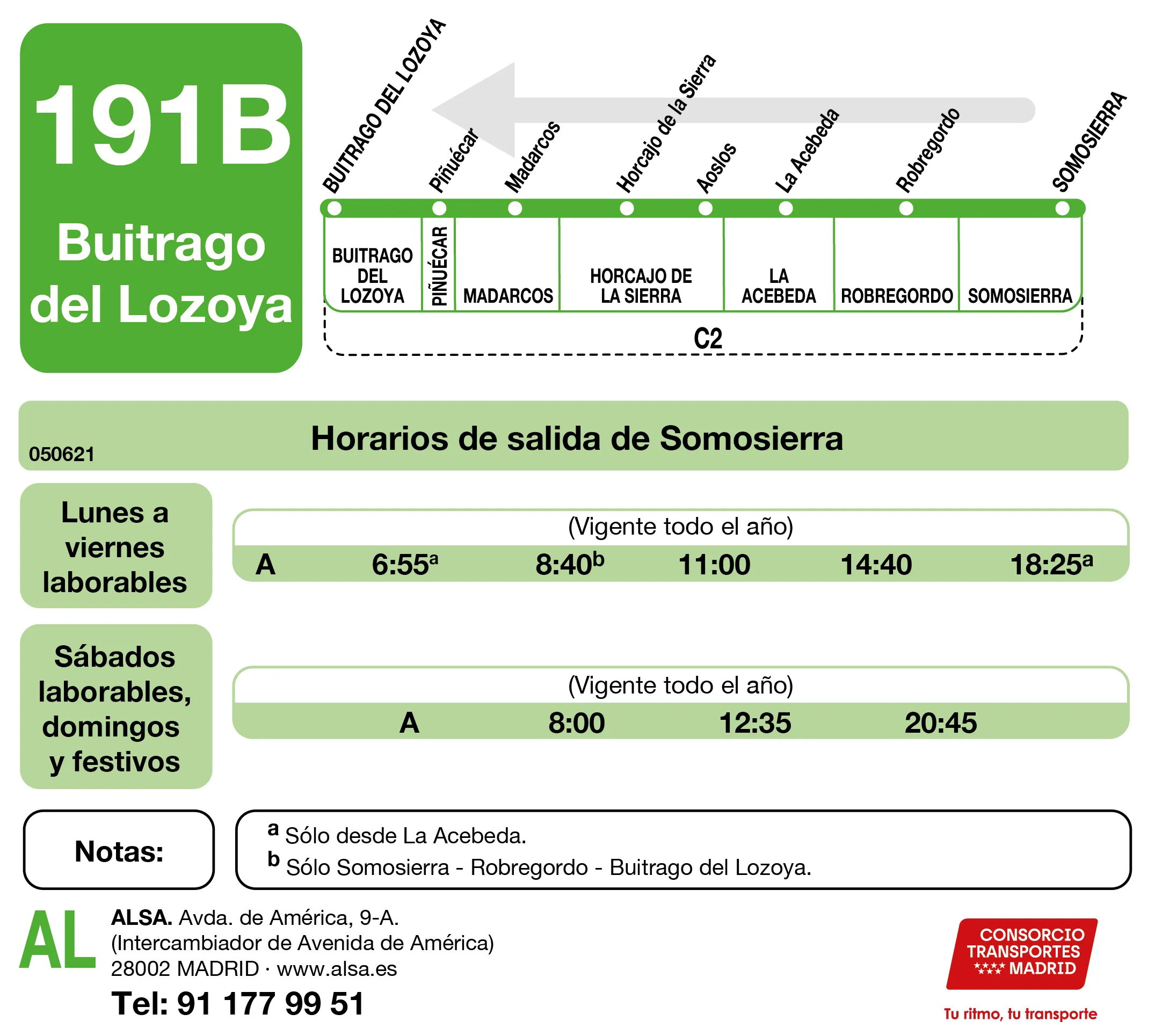 Horario de vuelta de la línea 191B - Autobuses interurbanos Madrid