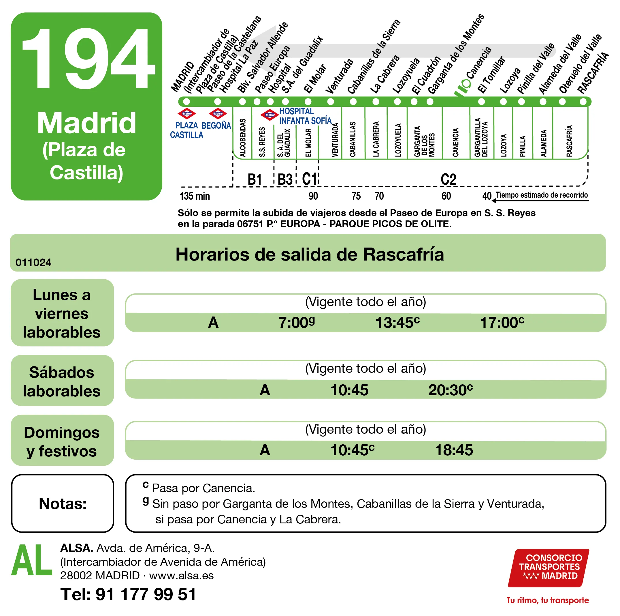 Horario de vuelta de la línea 194 - Autobuses interurbanos Madrid