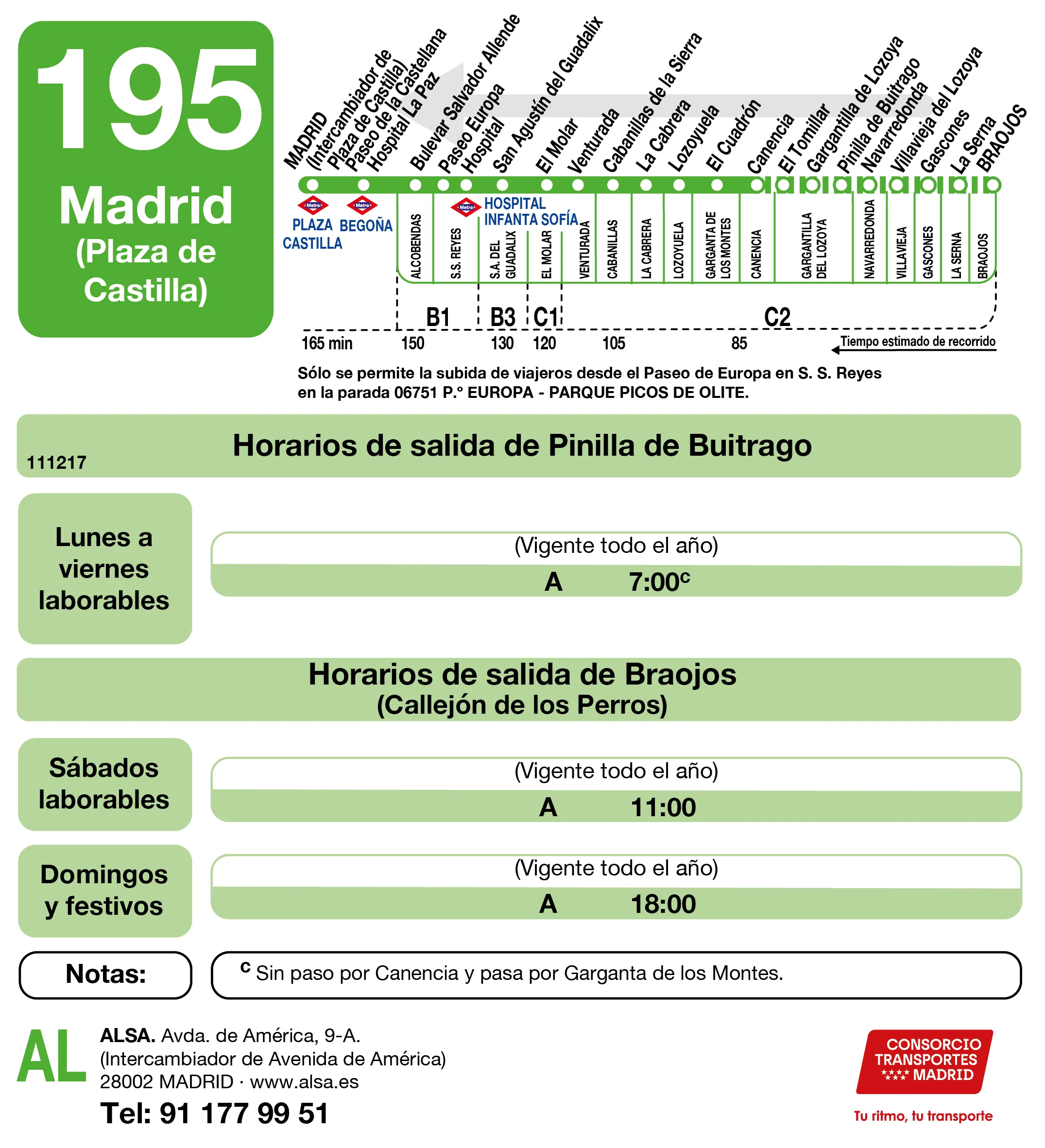 Horario de vuelta de la línea 195 - Autobuses interurbanos Madrid