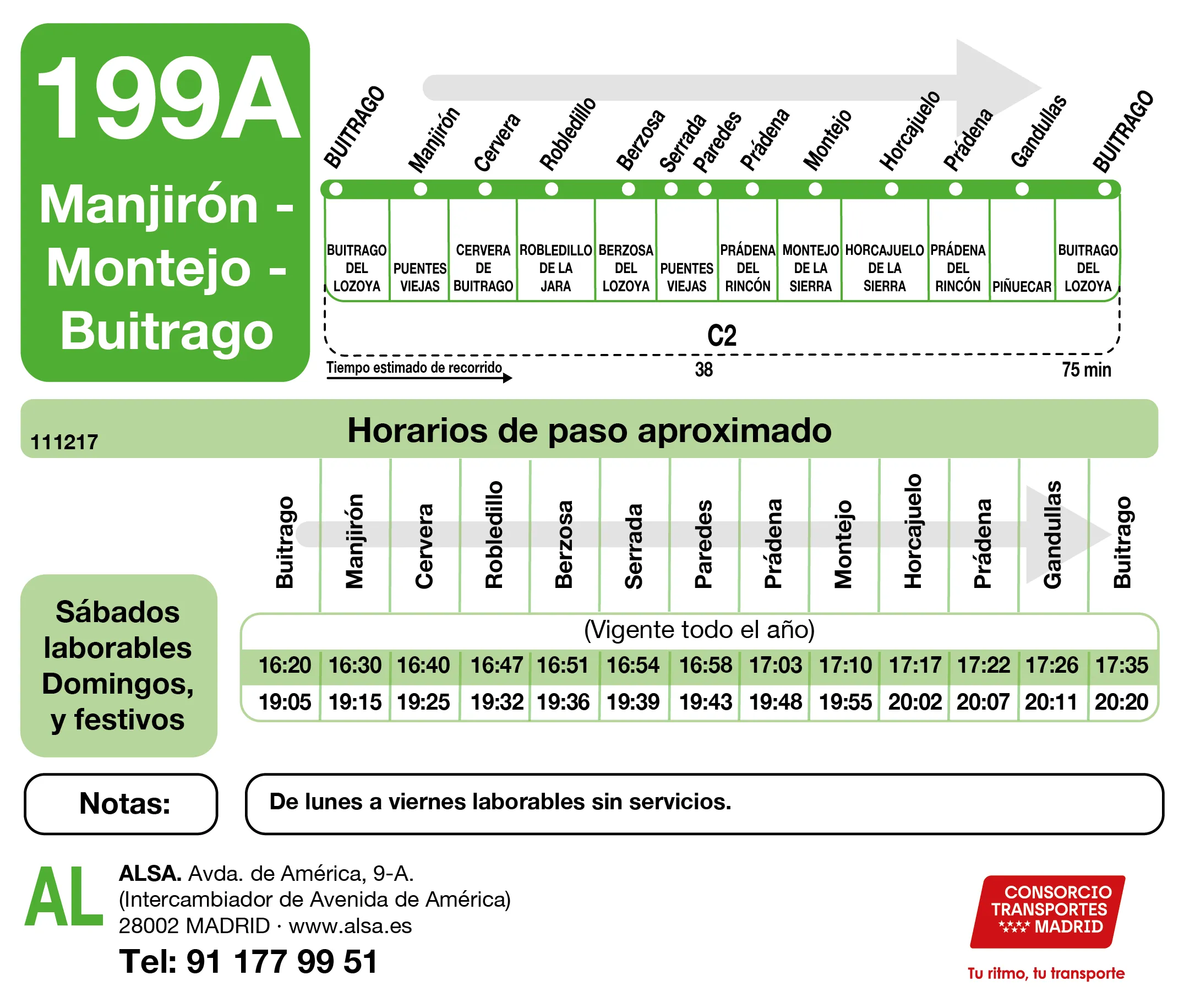 Horario de vuelta de la línea 199A - Autobuses interurbanos Madrid