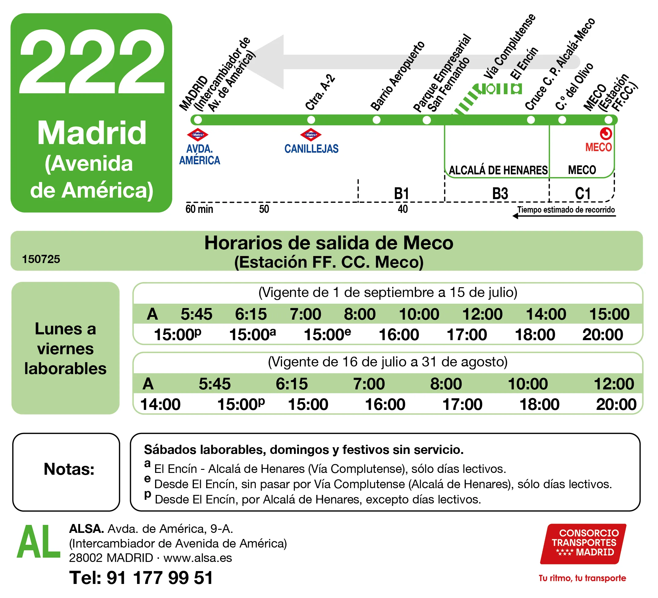 Horario de vuelta de la línea 222 - Autobuses interurbanos Madrid