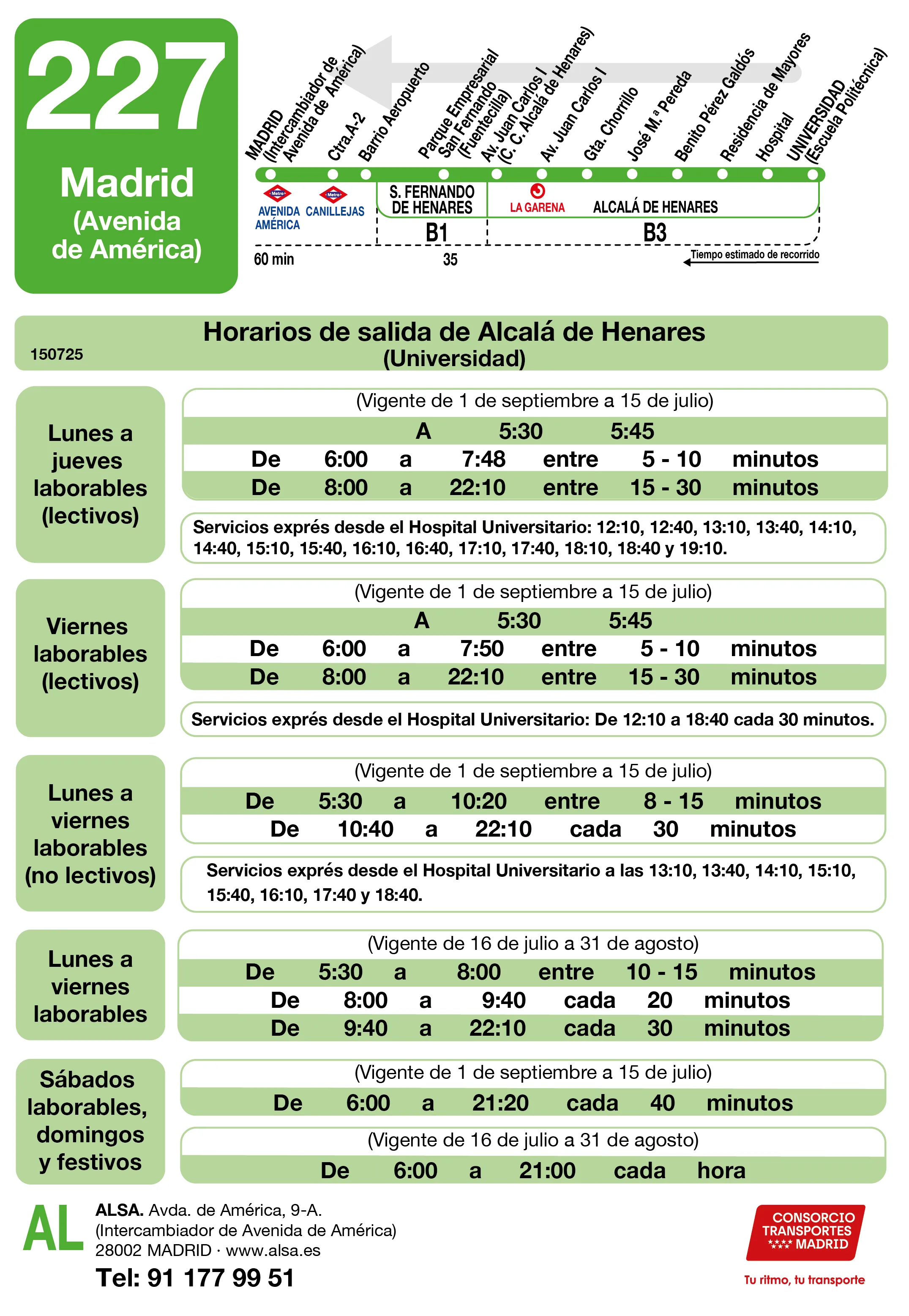 Horario de vuelta de la línea 227 - Autobuses interurbanos Madrid