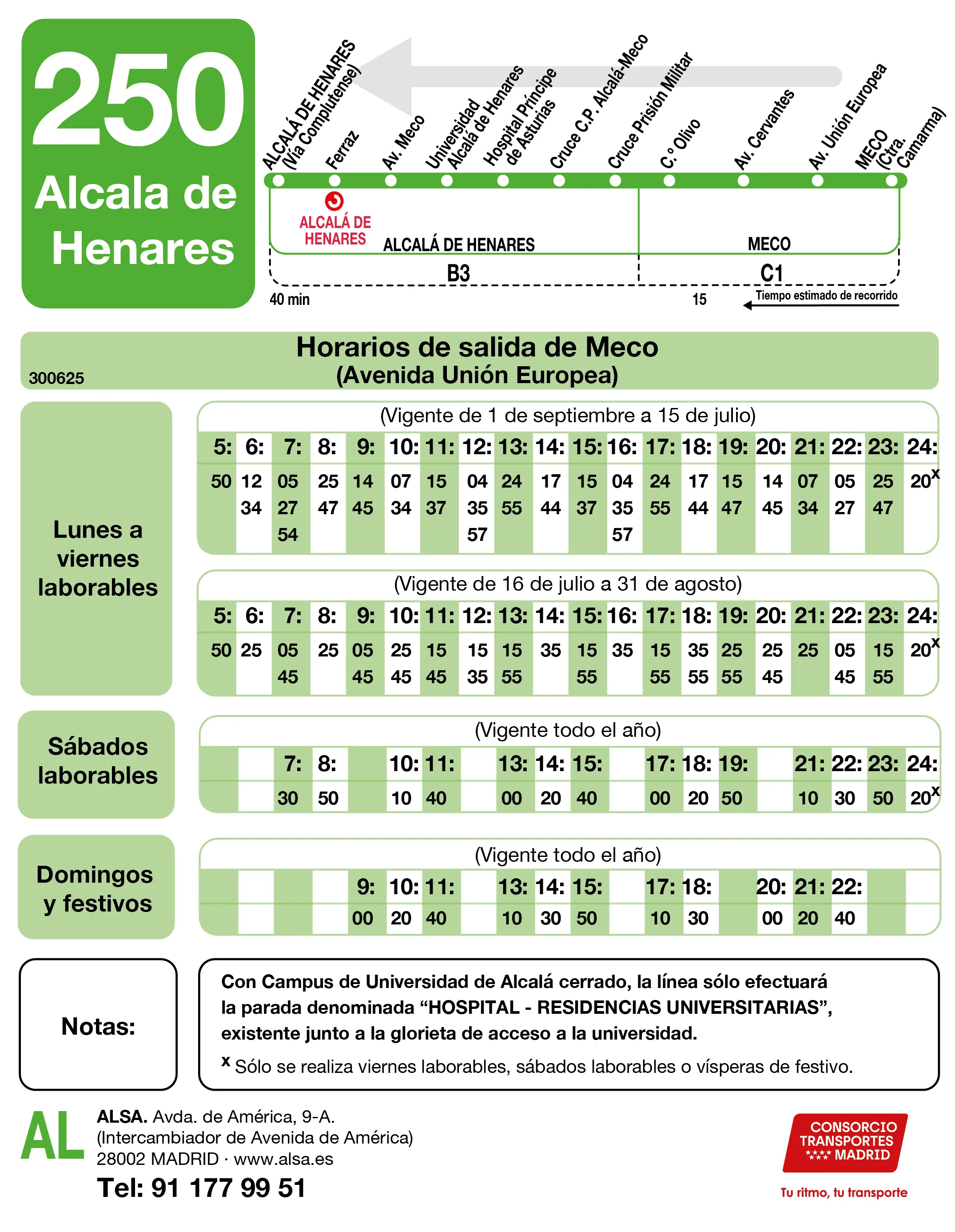 Horario de vuelta de la línea 250 - Autobuses interurbanos Madrid