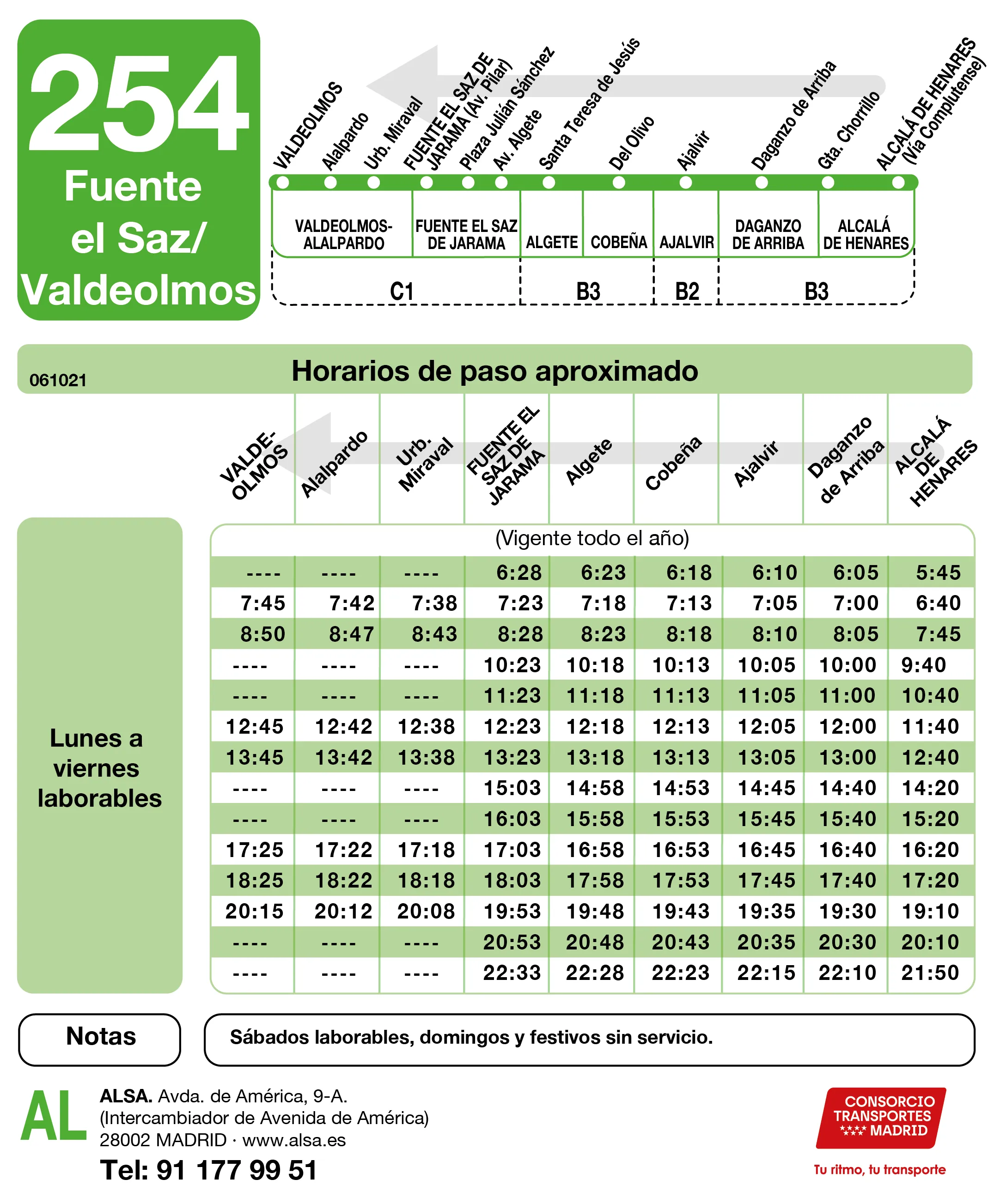 Horario de vuelta de la línea 254 - Autobuses interurbanos Madrid