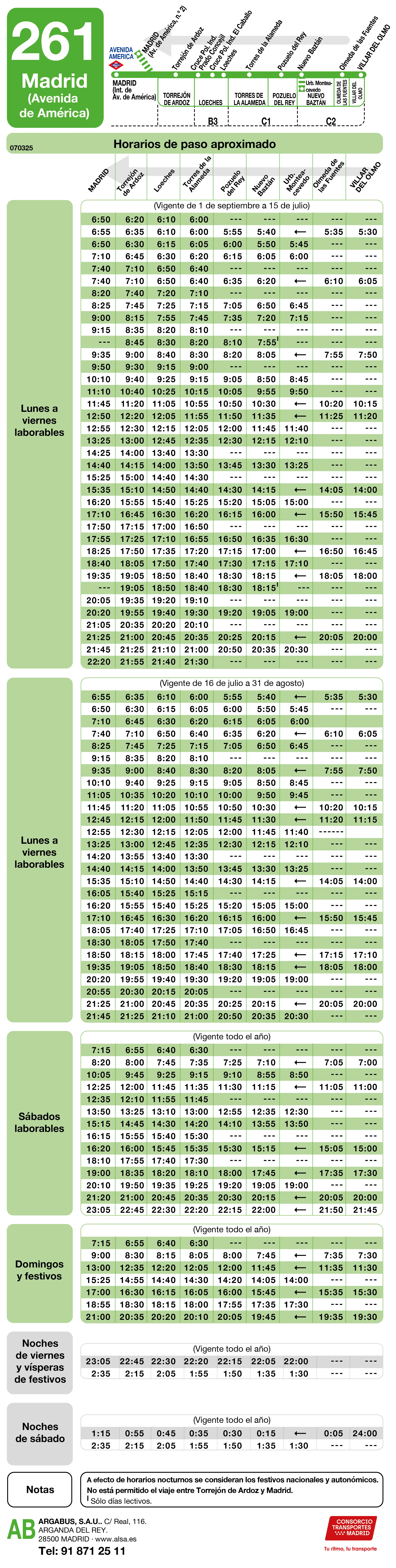 Horario de vuelta de la línea 261 - Autobuses interurbanos Madrid