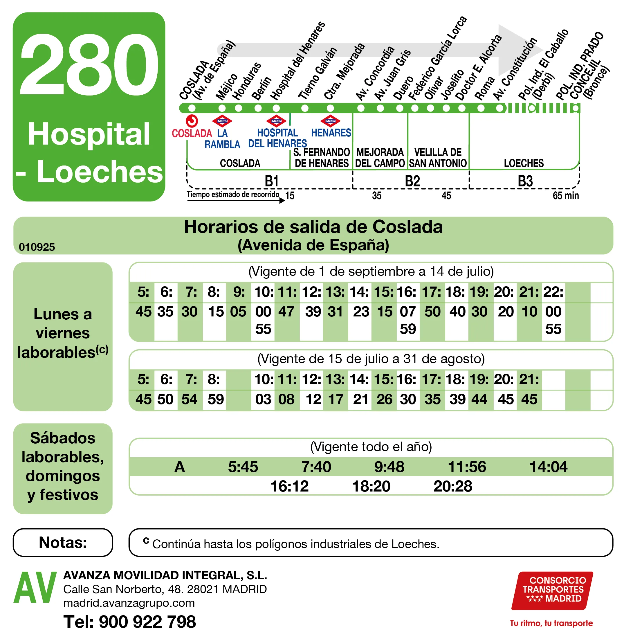 Horario de ida de la línea 280 - Autobuses interurbanos Madrid