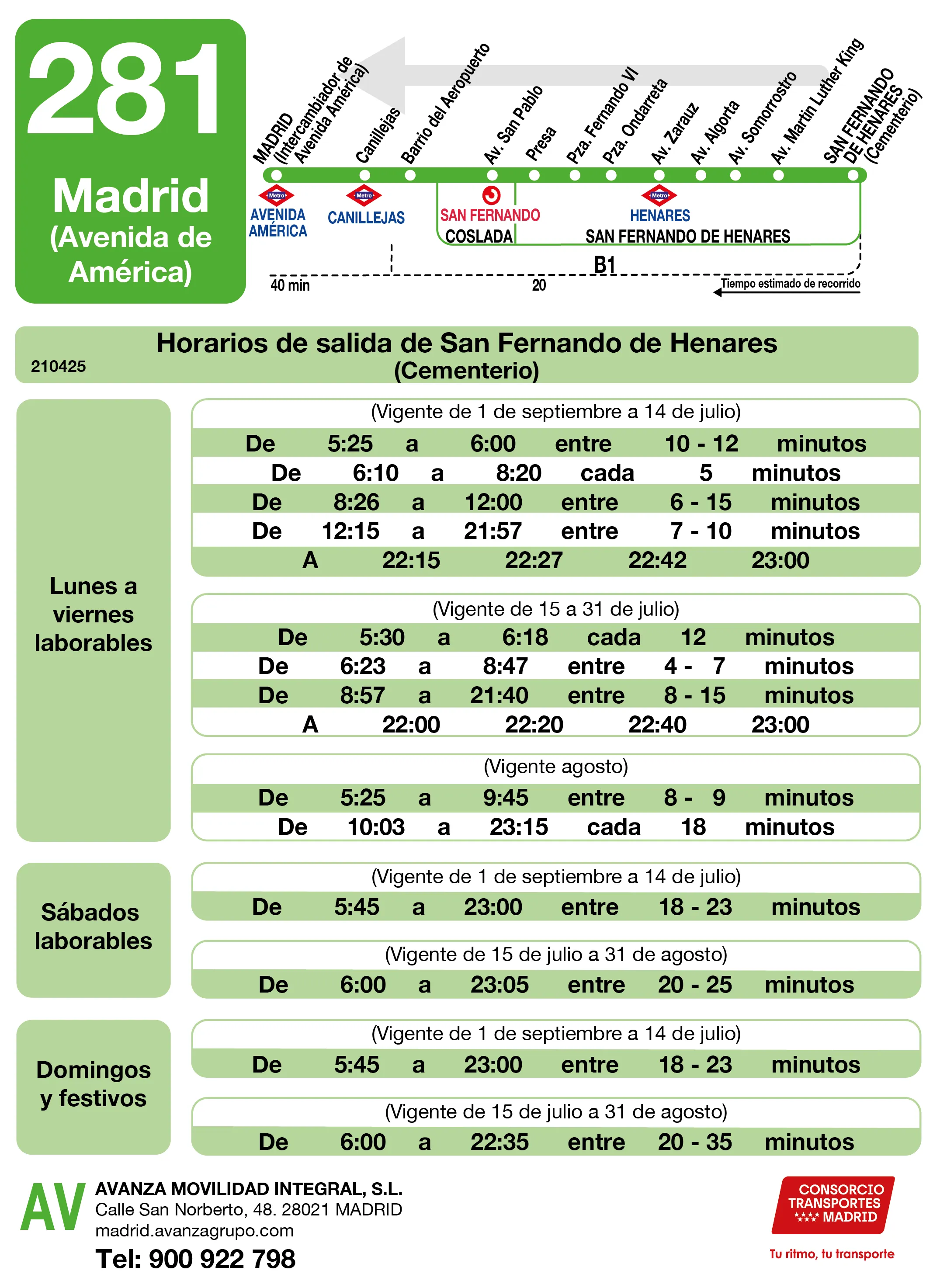 Horario de vuelta de la línea 281 - Autobuses interurbanos Madrid