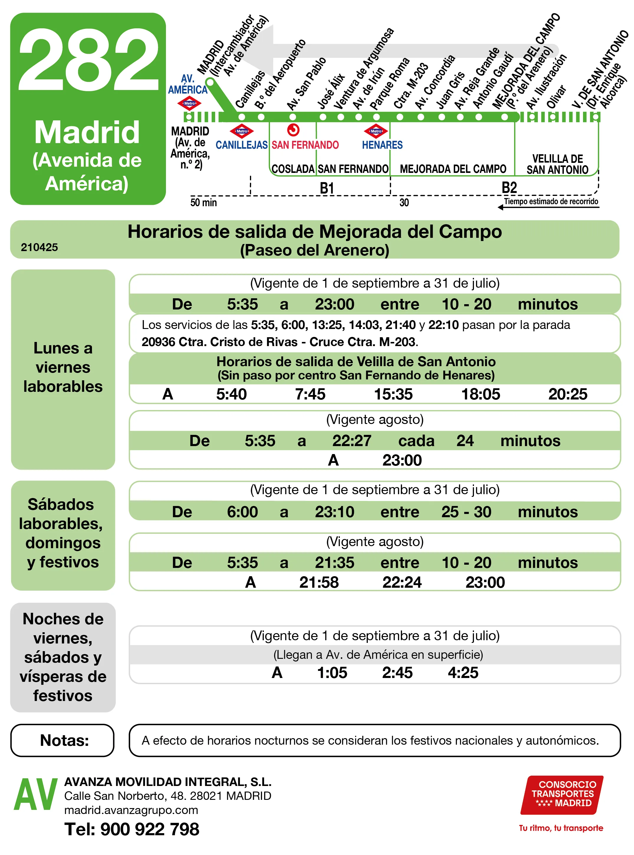 Horario de vuelta de la línea 282 - Autobuses interurbanos Madrid