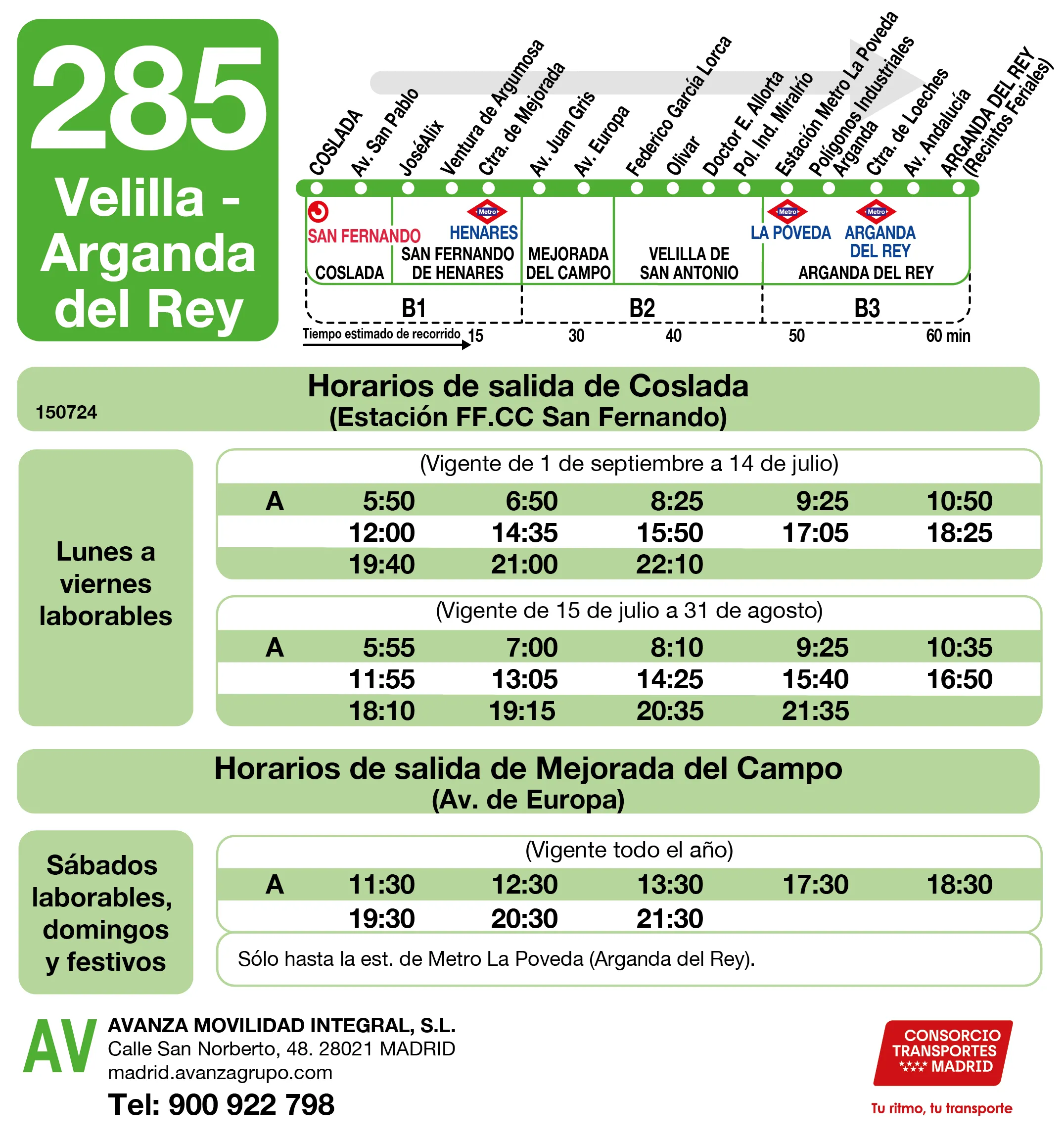 Horario de ida de la línea 285 - Autobuses interurbanos Madrid