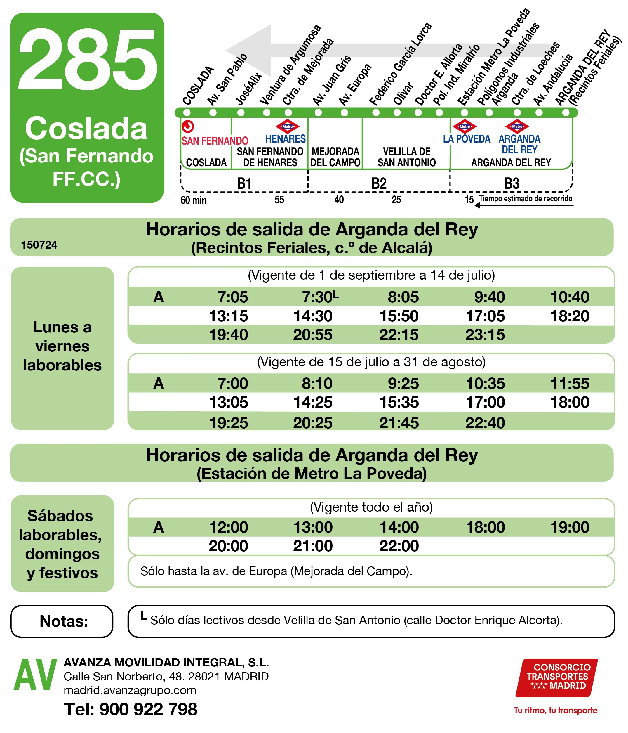 Horario de vuelta de la línea 285 - Autobuses interurbanos Madrid