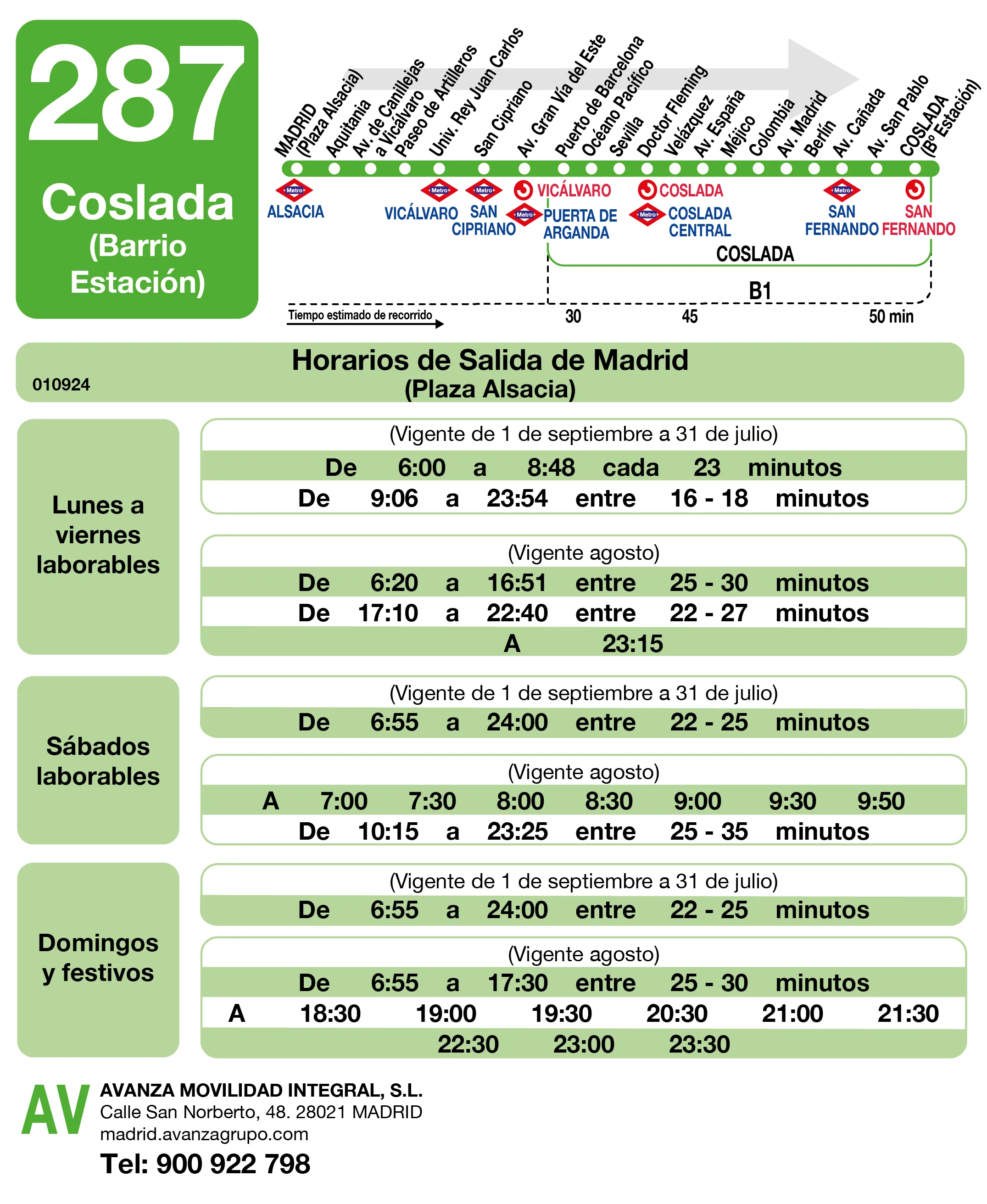 Horario de ida de la línea 287 - Autobuses interurbanos Madrid
