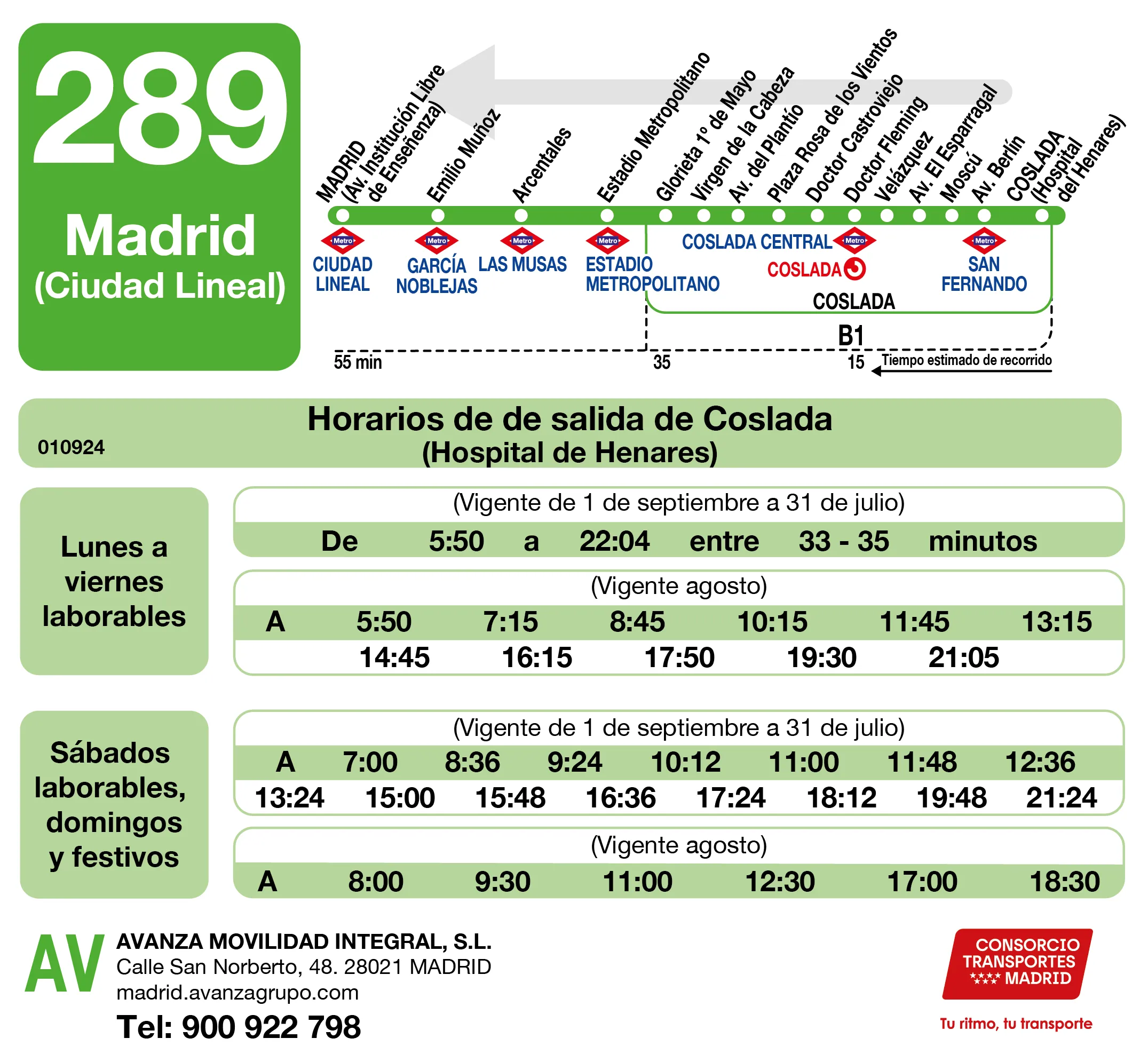 Horario de vuelta de la línea 289 - Autobuses interurbanos Madrid