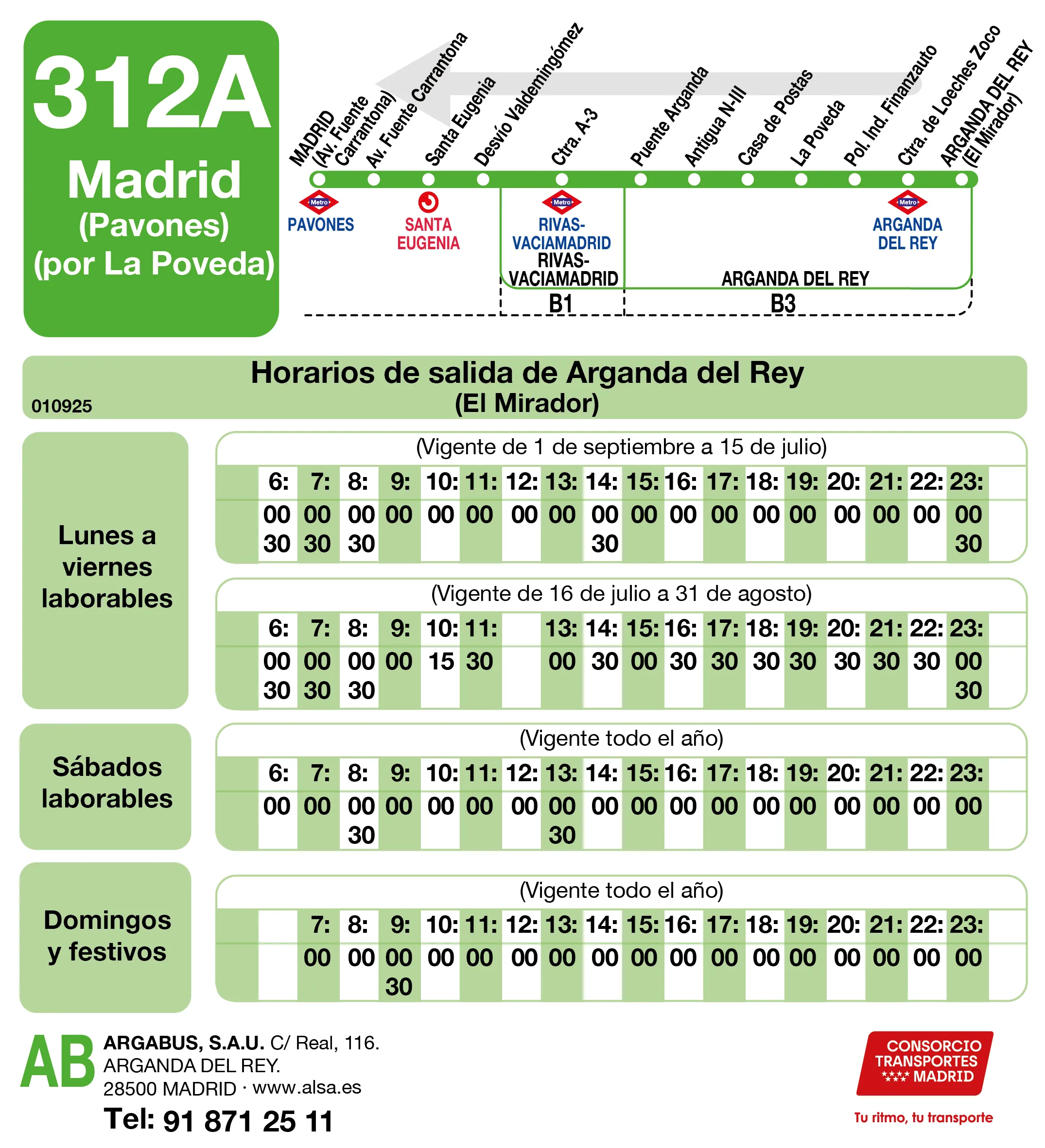 Horario de vuelta de la línea 312A - Autobuses interurbanos Madrid