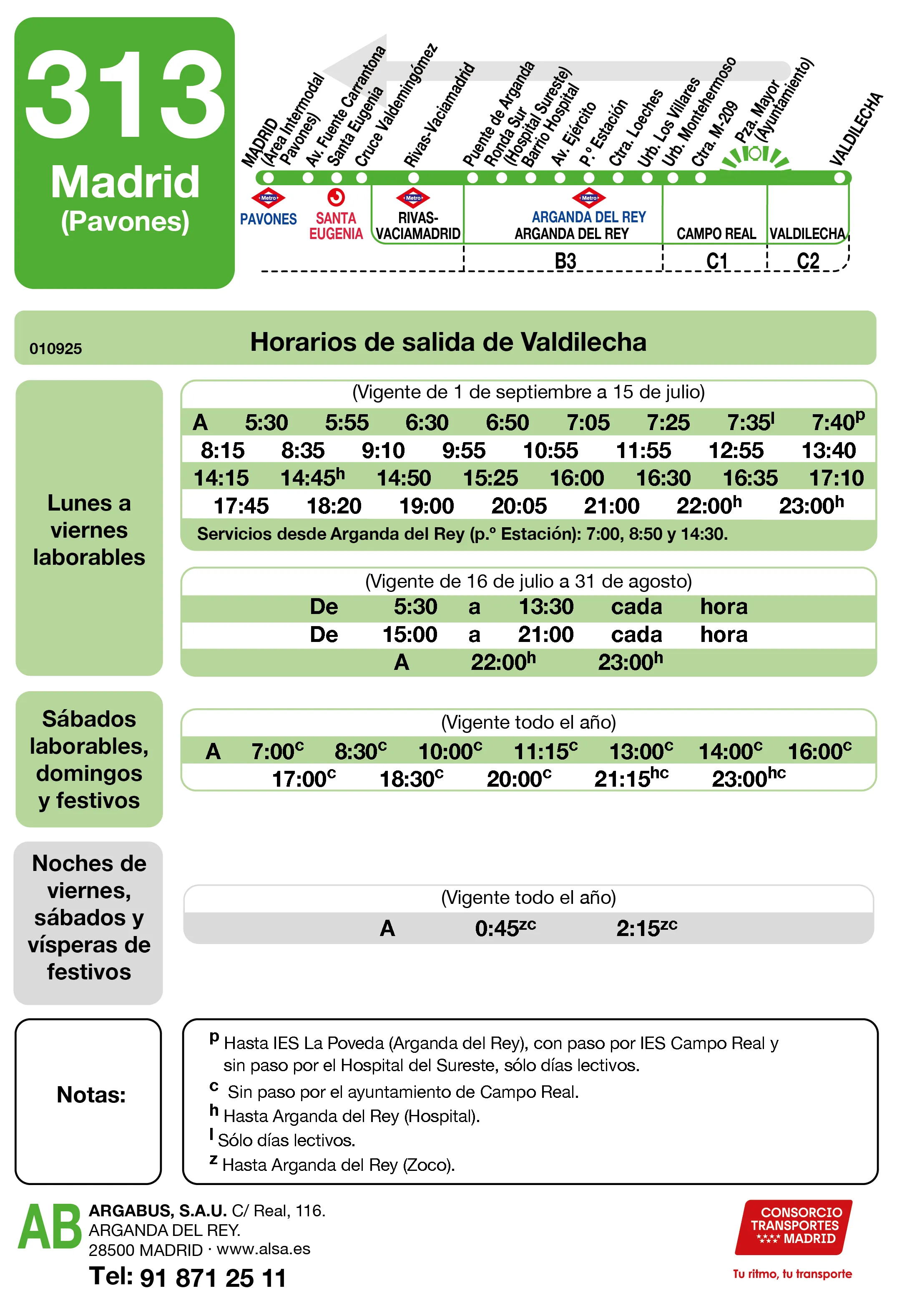 Horario de vuelta de la línea 313 - Autobuses interurbanos Madrid