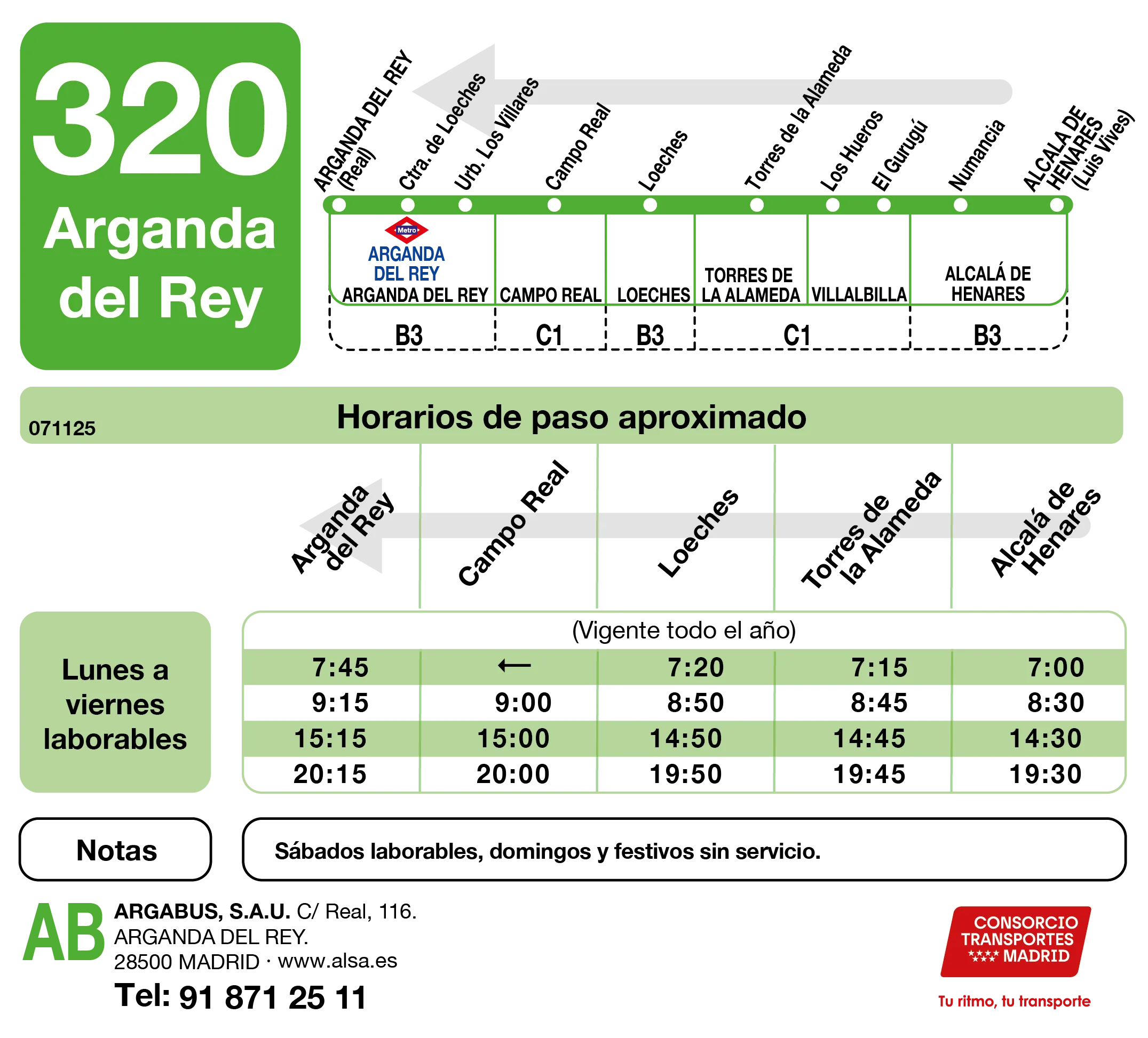 Horario de vuelta de la línea 320 - Autobuses interurbanos Madrid