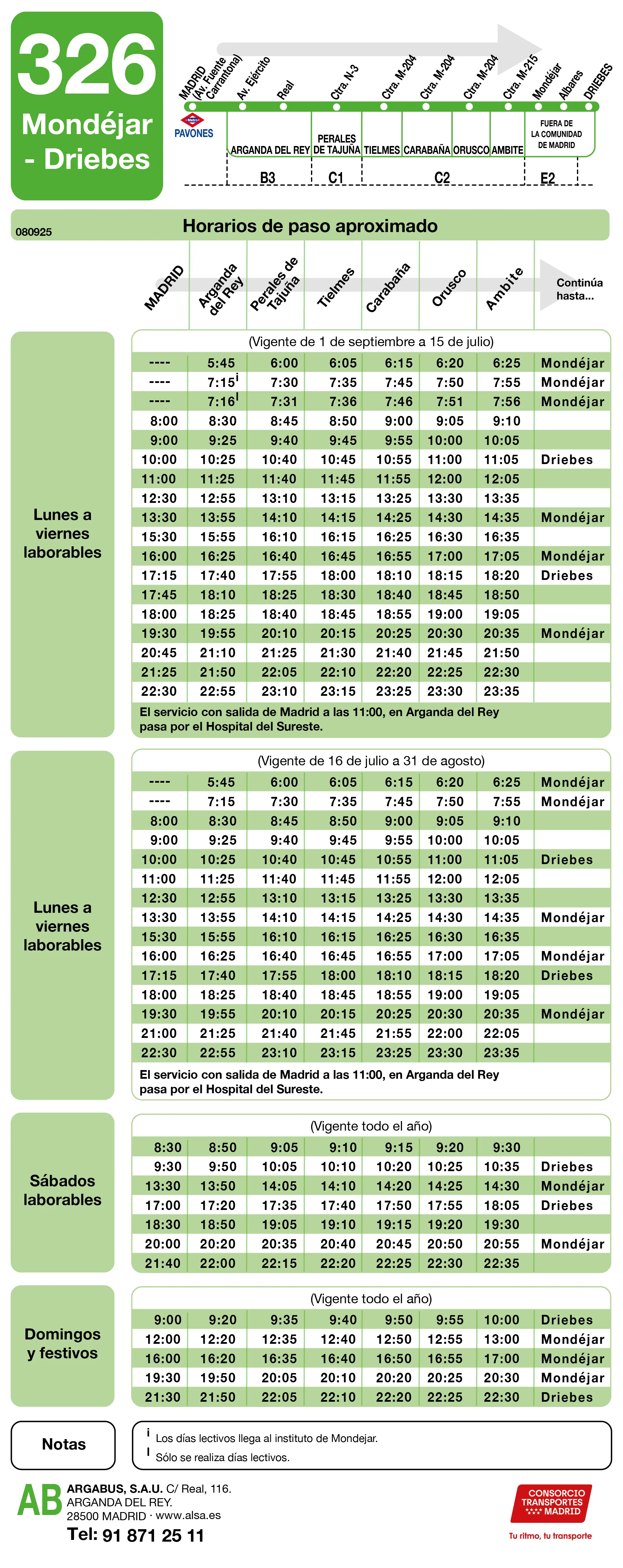 Horario de ida de la línea 326 - Autobuses interurbanos Madrid