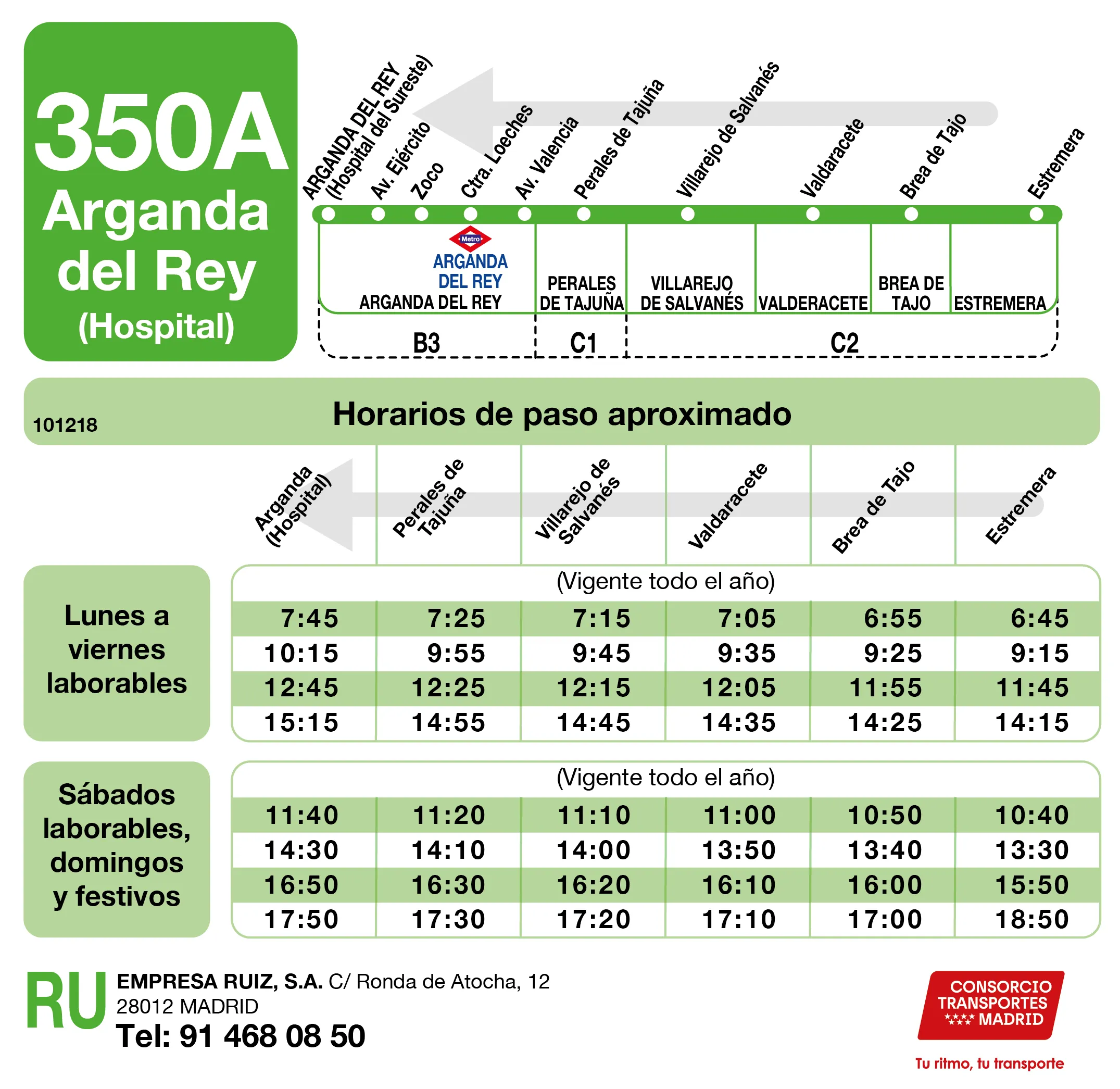 Horario de vuelta de la línea 350A - Autobuses interurbanos Madrid