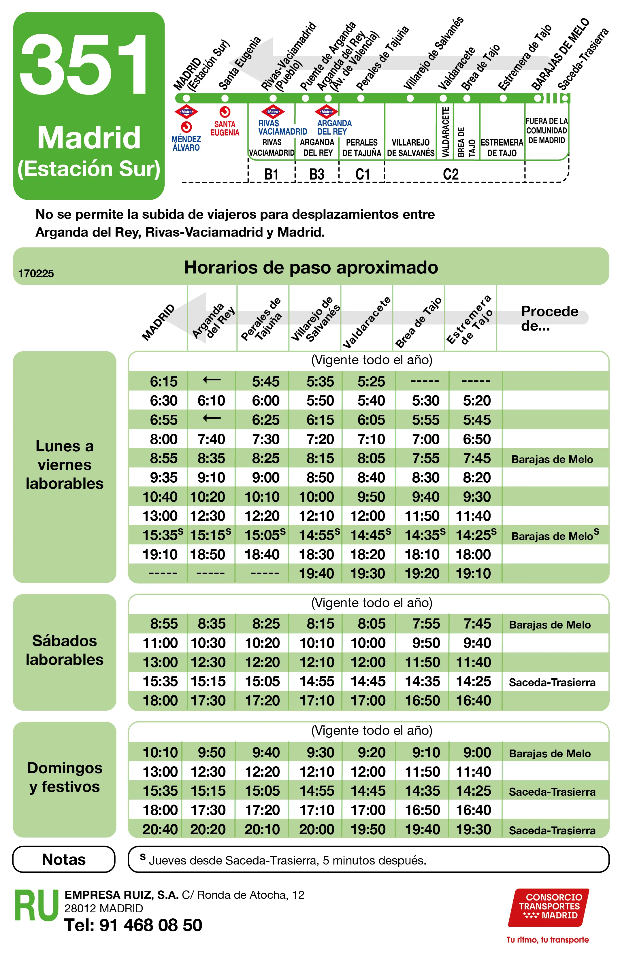 Horario de vuelta de la línea 351 - Autobuses interurbanos Madrid