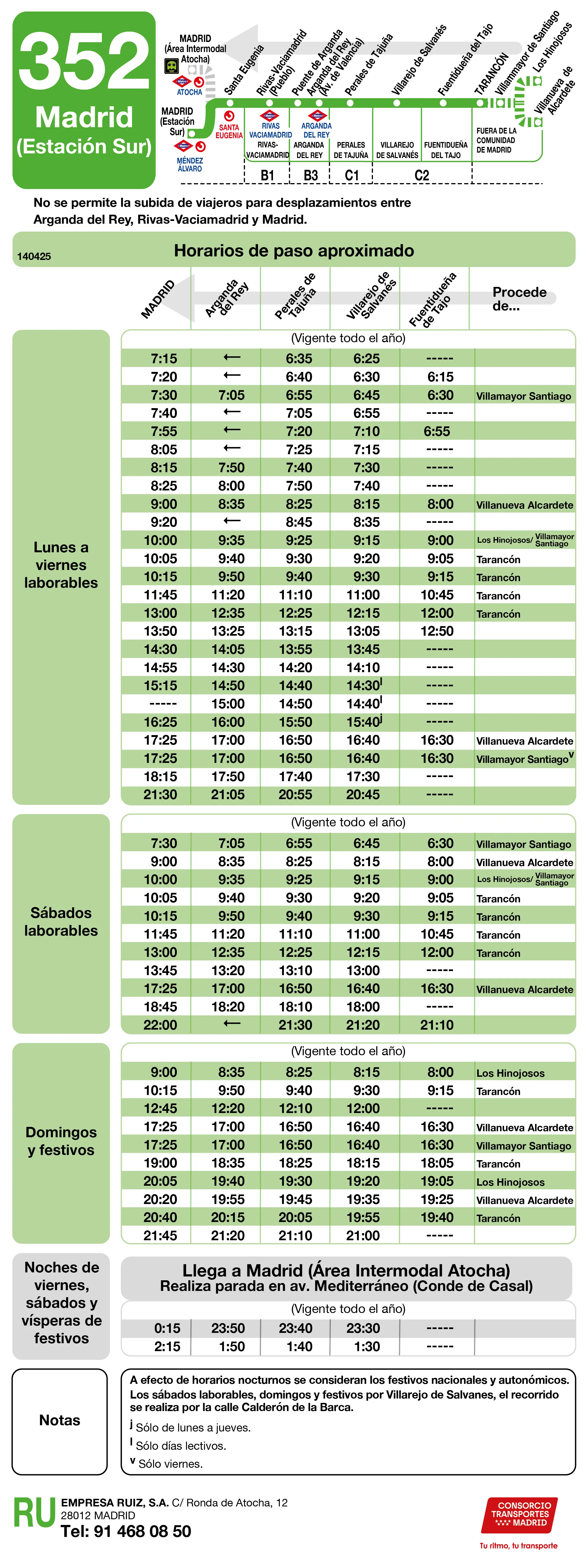 Horario de vuelta de la línea 352 - Autobuses interurbanos Madrid