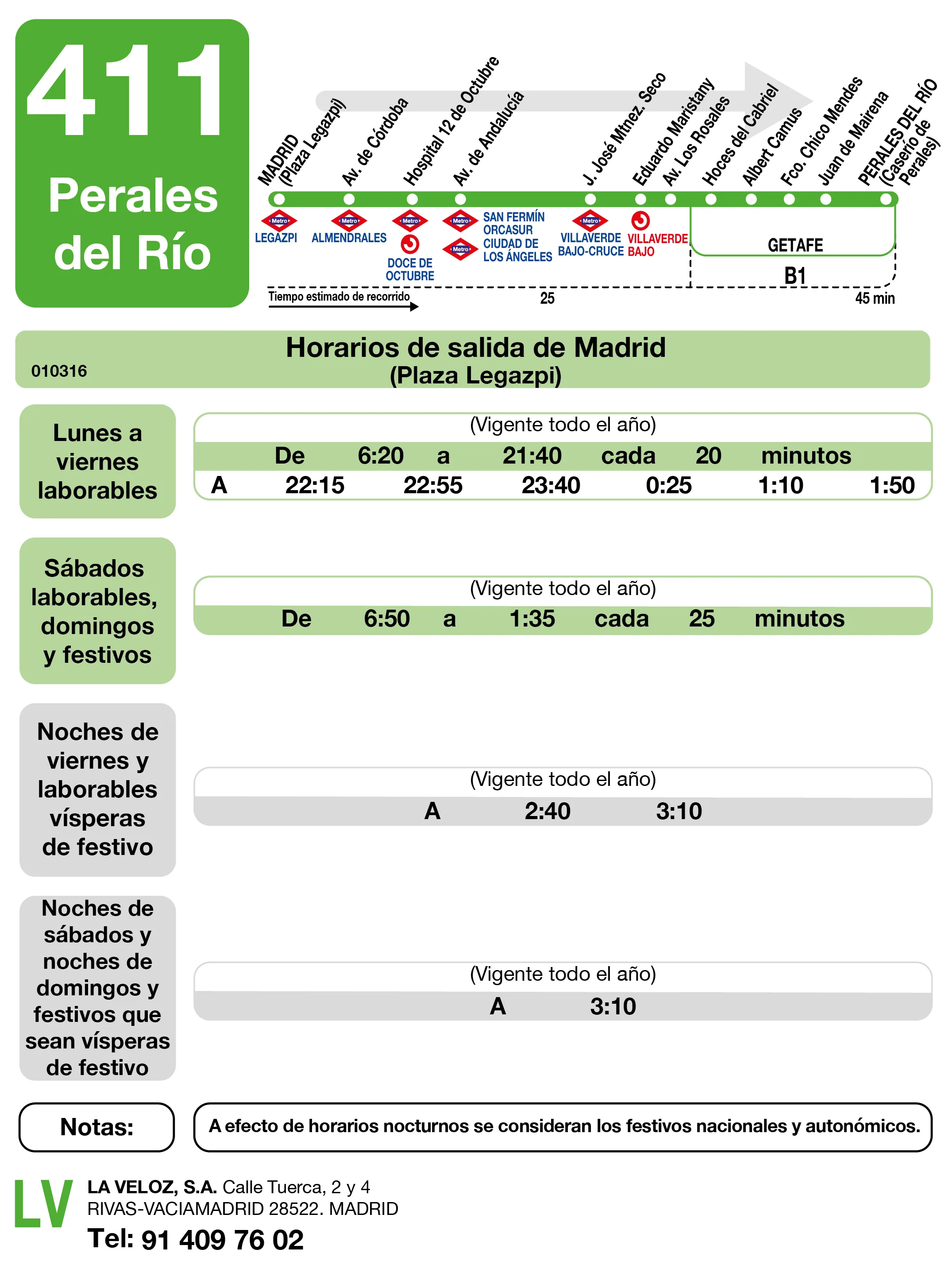 Horario de ida de la línea 411 - Autobuses interurbanos Madrid