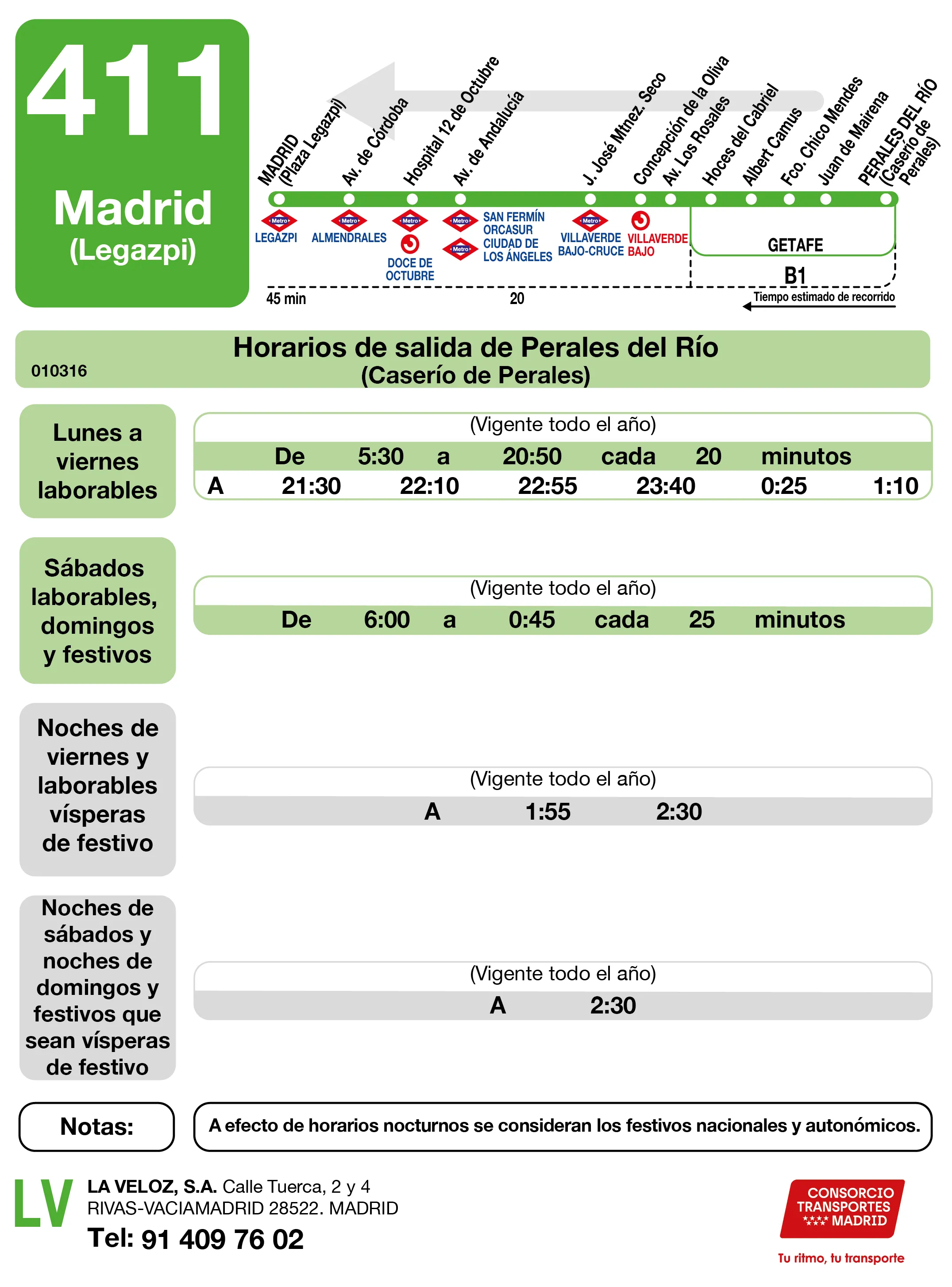 Horario de vuelta de la línea 411 - Autobuses interurbanos Madrid