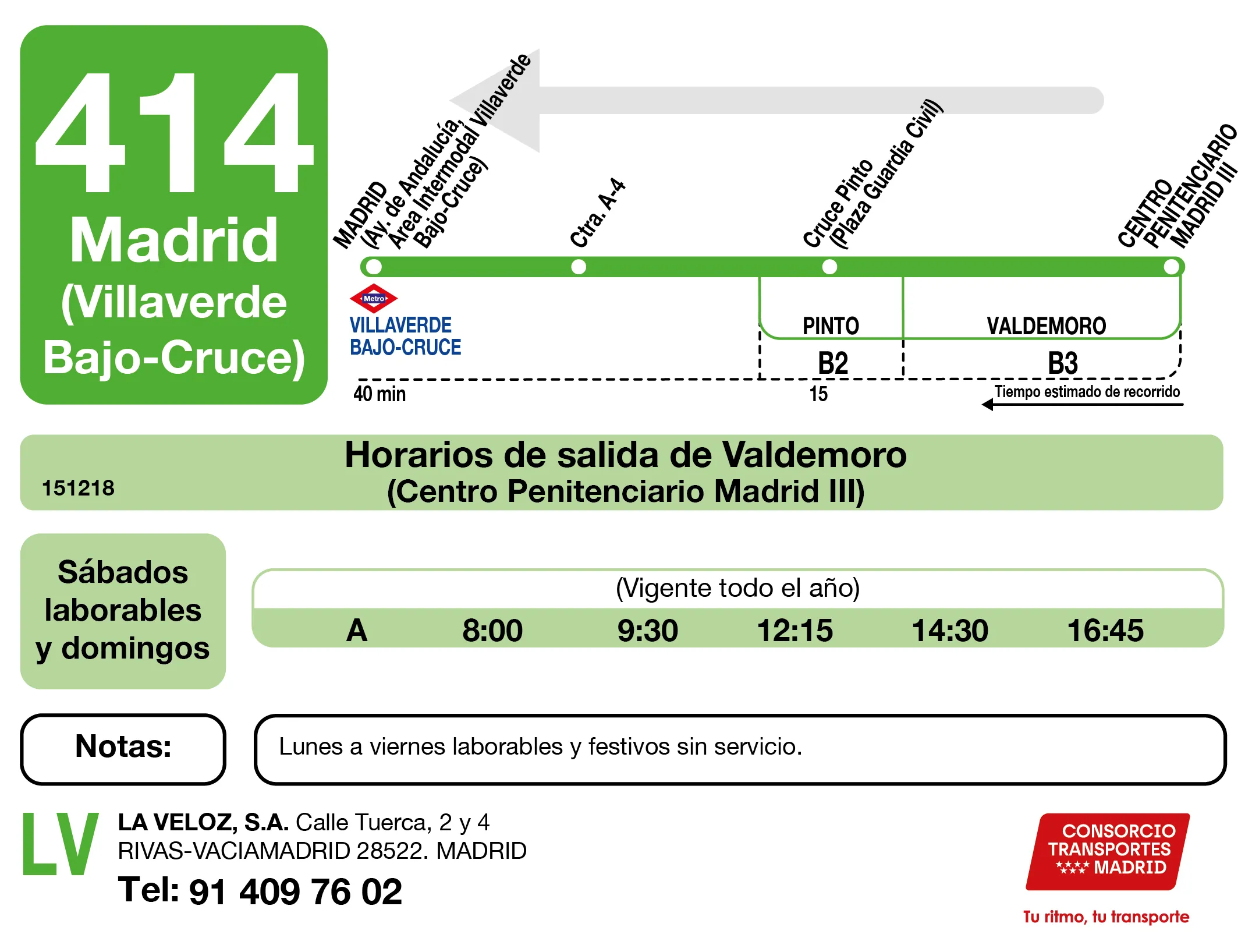 Horario de vuelta de la línea 414 - Autobuses interurbanos Madrid