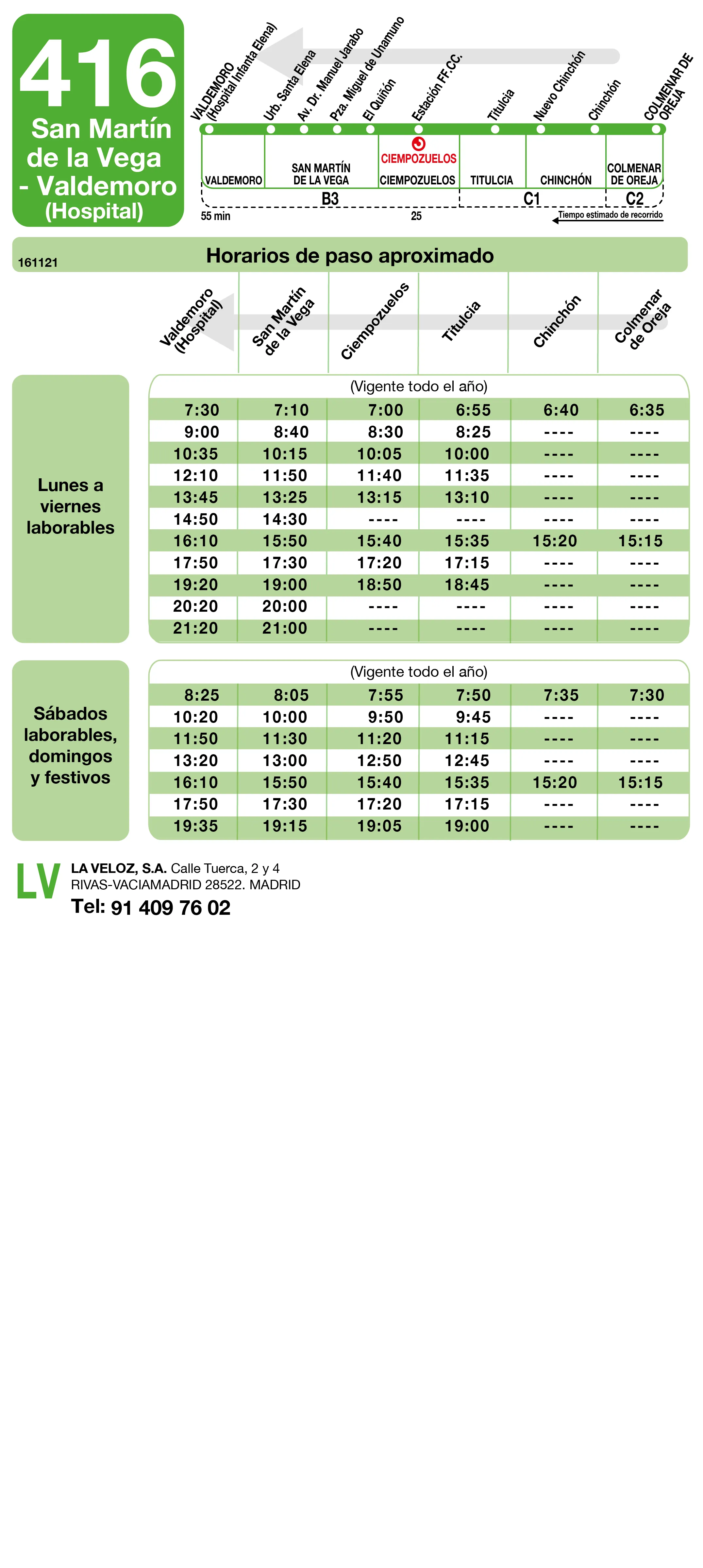 Horario de vuelta de la línea 416 - Autobuses interurbanos Madrid