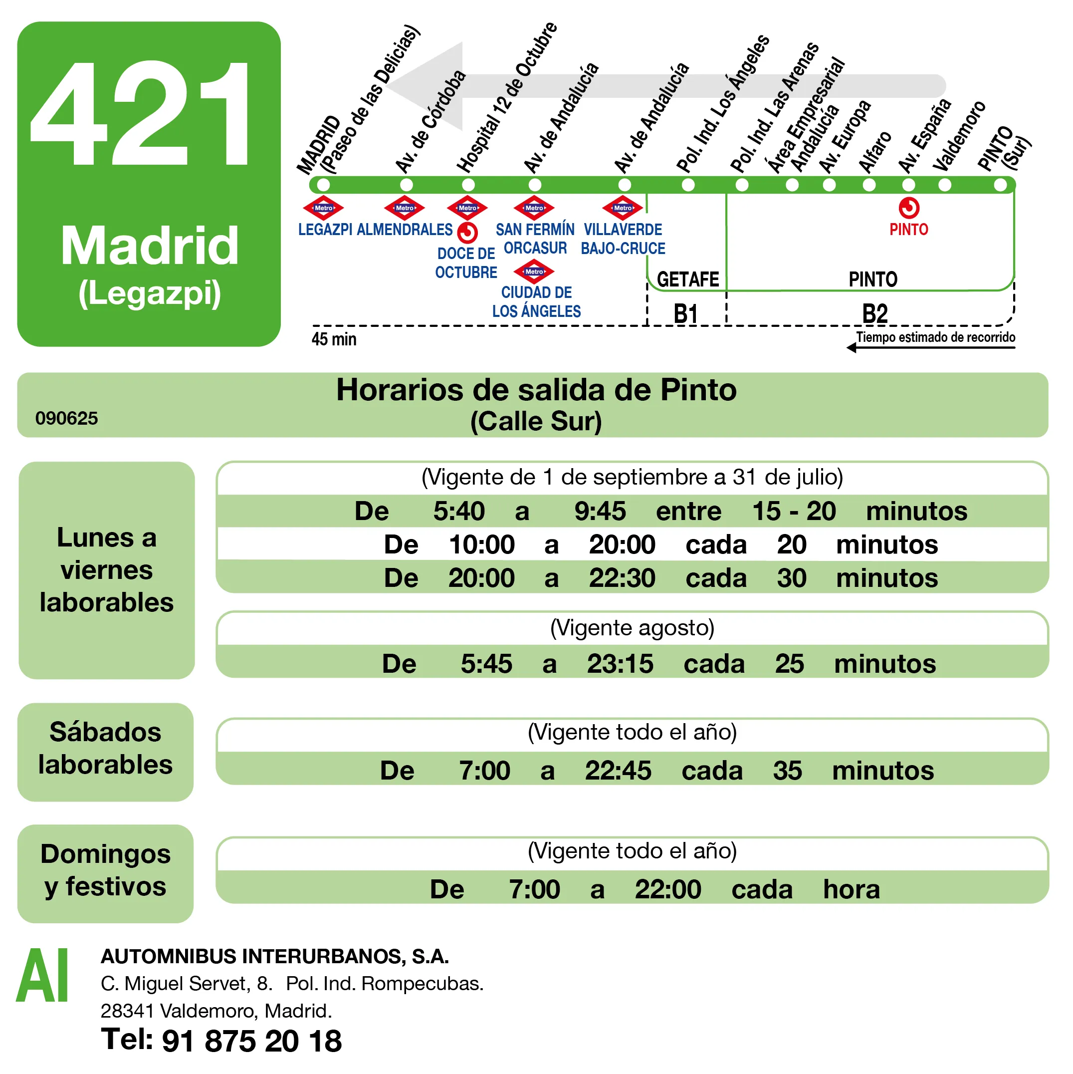 Horario de vuelta de la línea 421 - Autobuses interurbanos Madrid