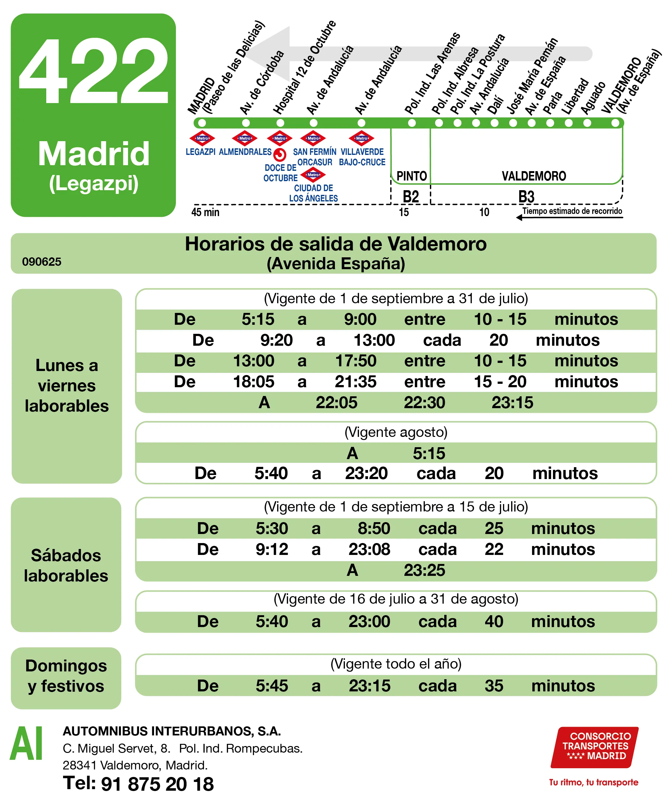 Horario de vuelta de la línea 422 - Autobuses interurbanos Madrid