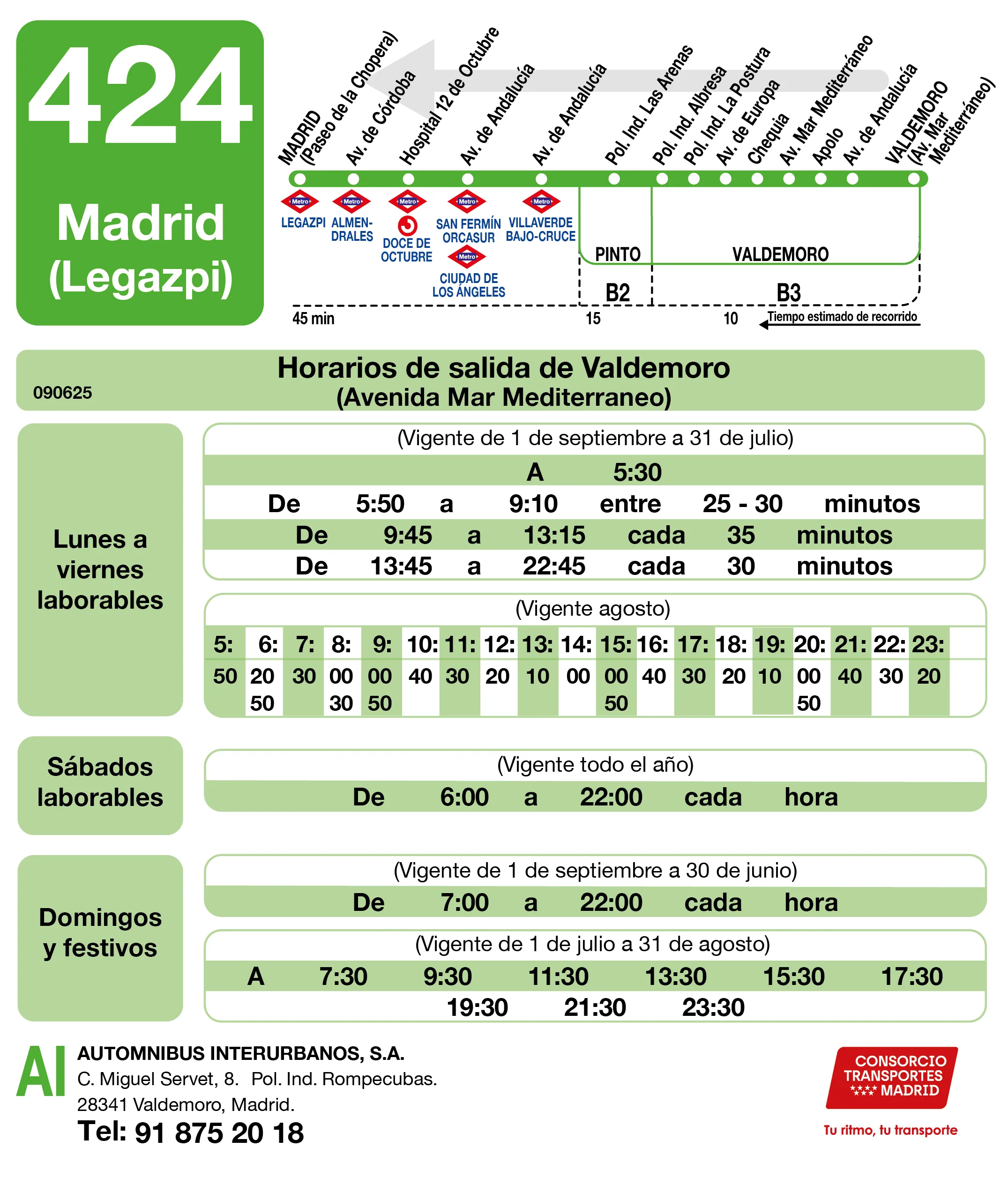 Horario de vuelta de la línea 424 - Autobuses interurbanos Madrid