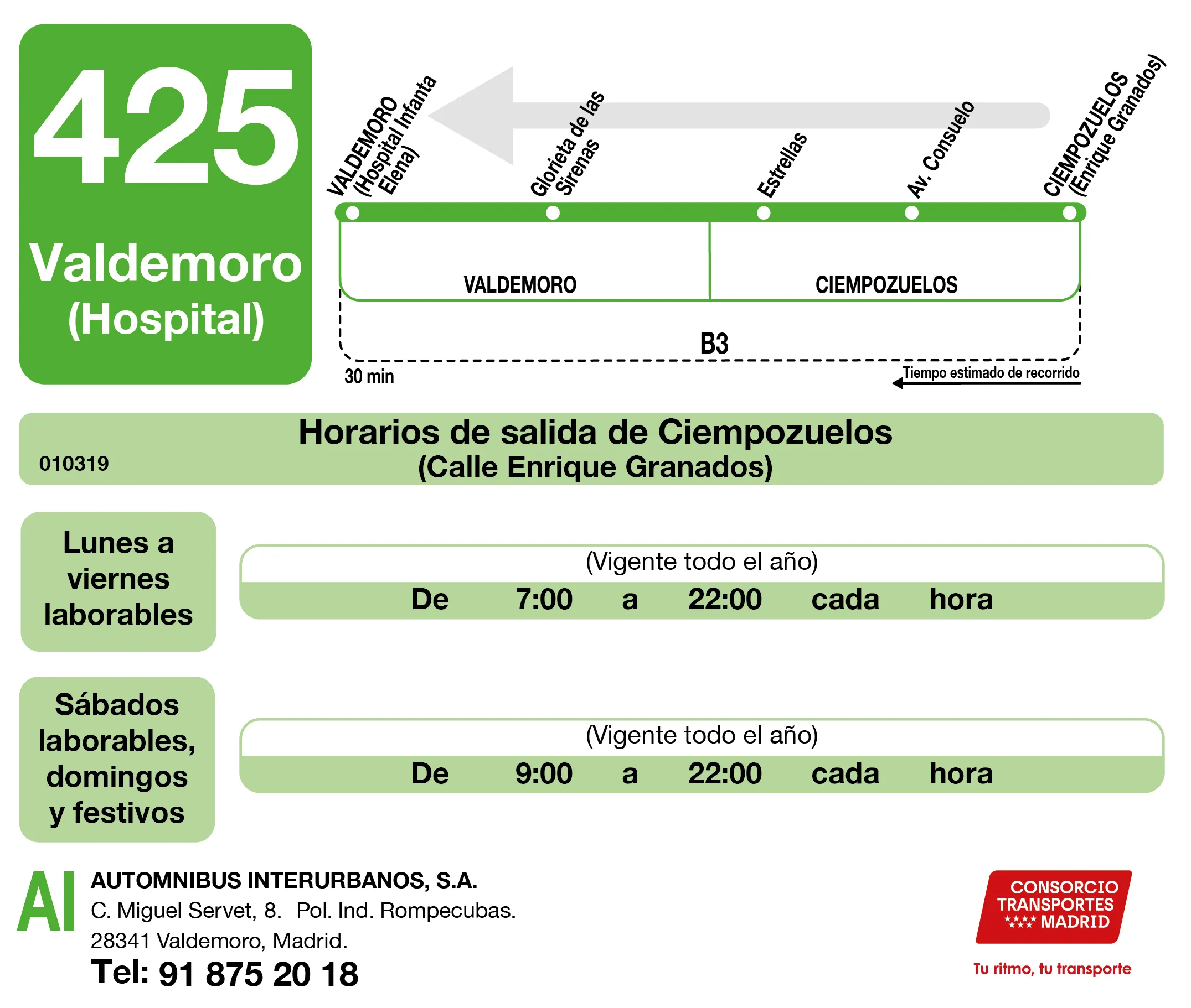 Horario de vuelta de la línea 425 - Autobuses interurbanos Madrid