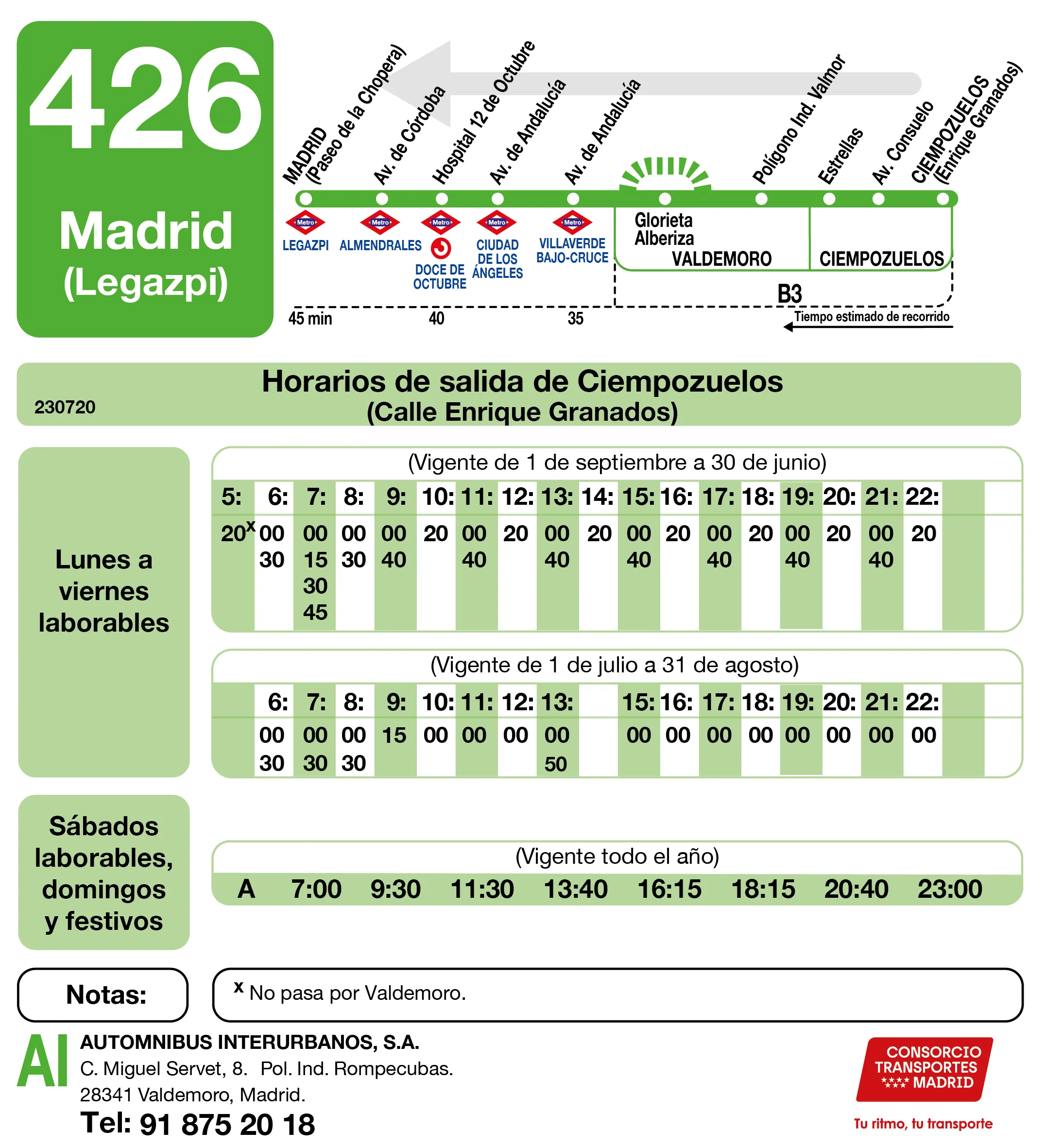 Horario de vuelta de la línea 426 - Autobuses interurbanos Madrid