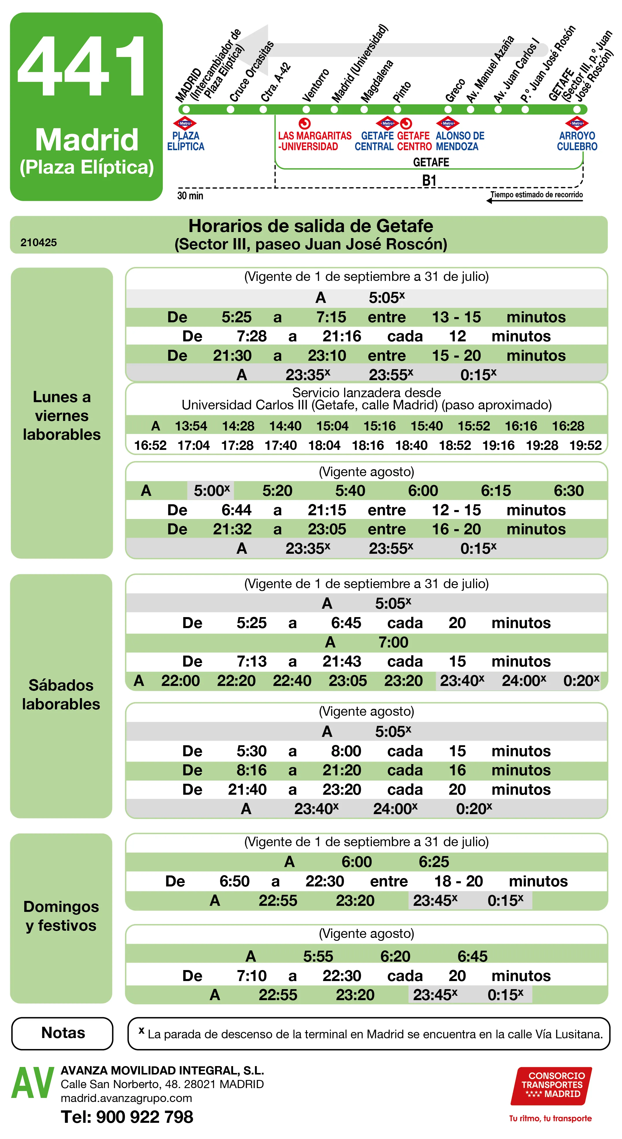 Horario de vuelta de la línea 441 - Autobuses interurbanos Madrid