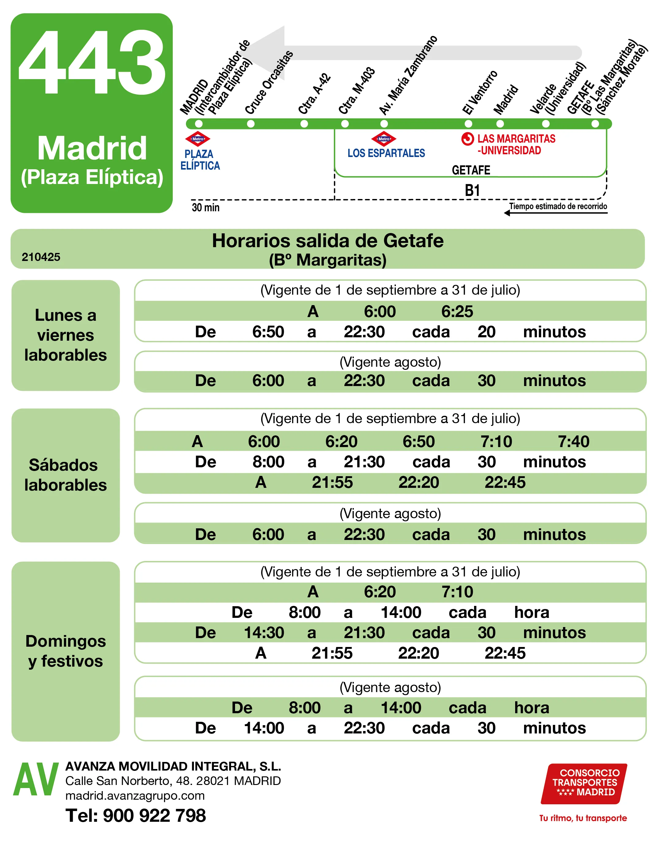 Horario de vuelta de la línea 443 - Autobuses interurbanos Madrid