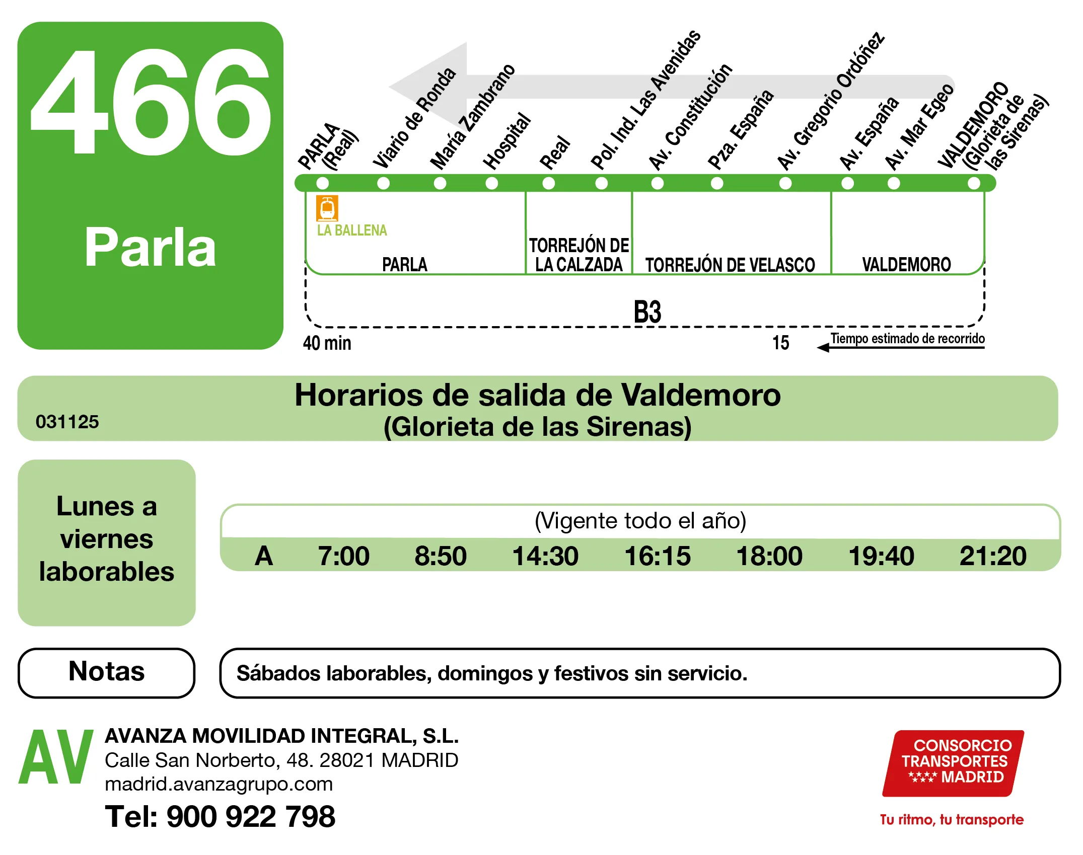 Horario de vuelta de la línea 466 - Autobuses interurbanos Madrid