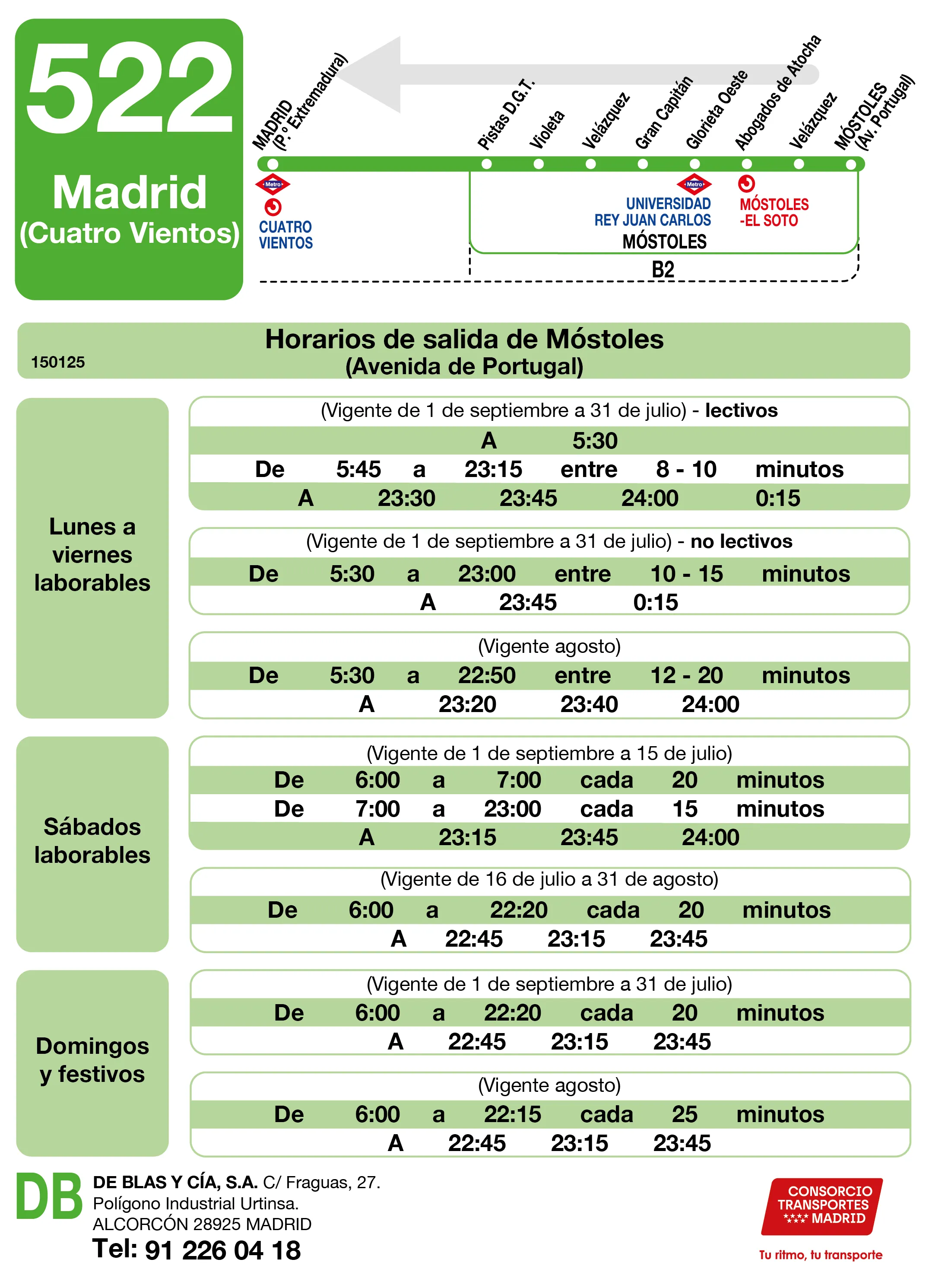 Horario de vuelta de la línea 522 - Autobuses interurbanos Madrid