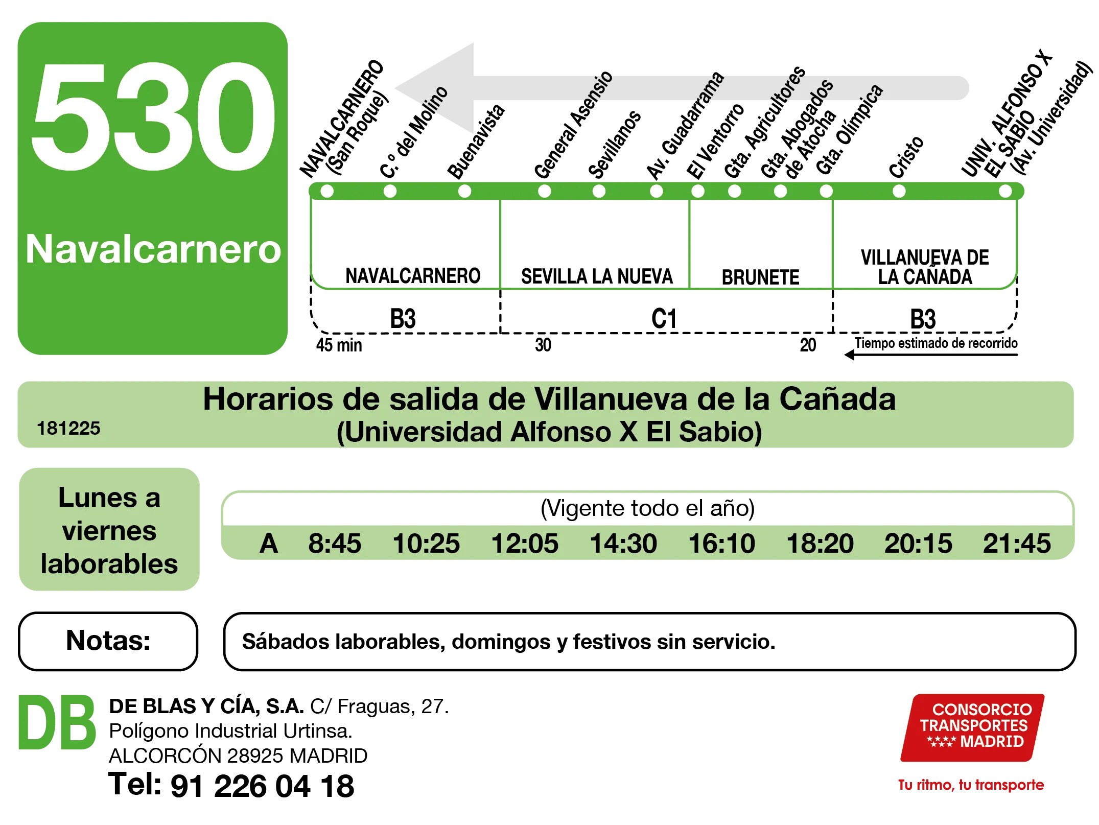 Horario de vuelta de la línea 530 - Autobuses interurbanos Madrid
