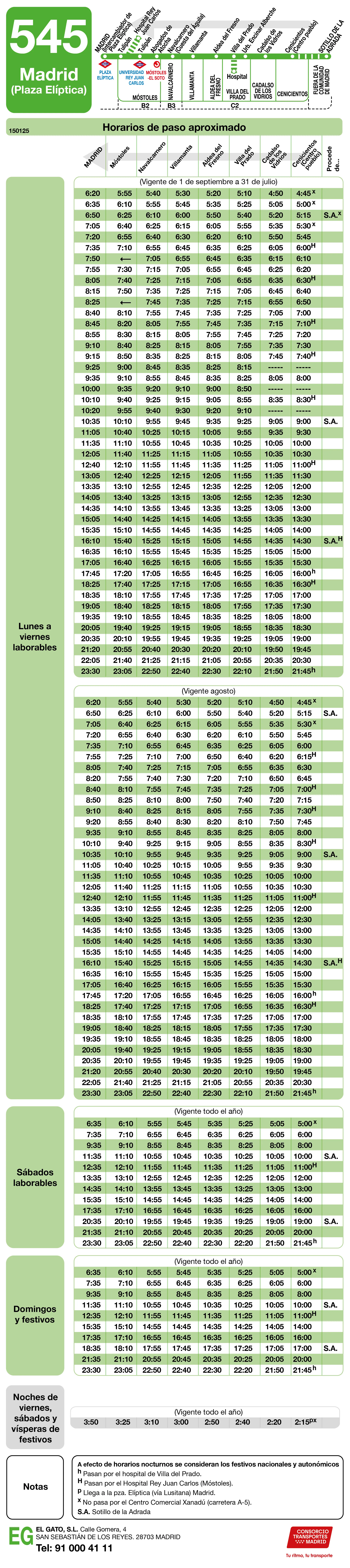 Horario de vuelta de la línea 545 - Autobuses interurbanos Madrid