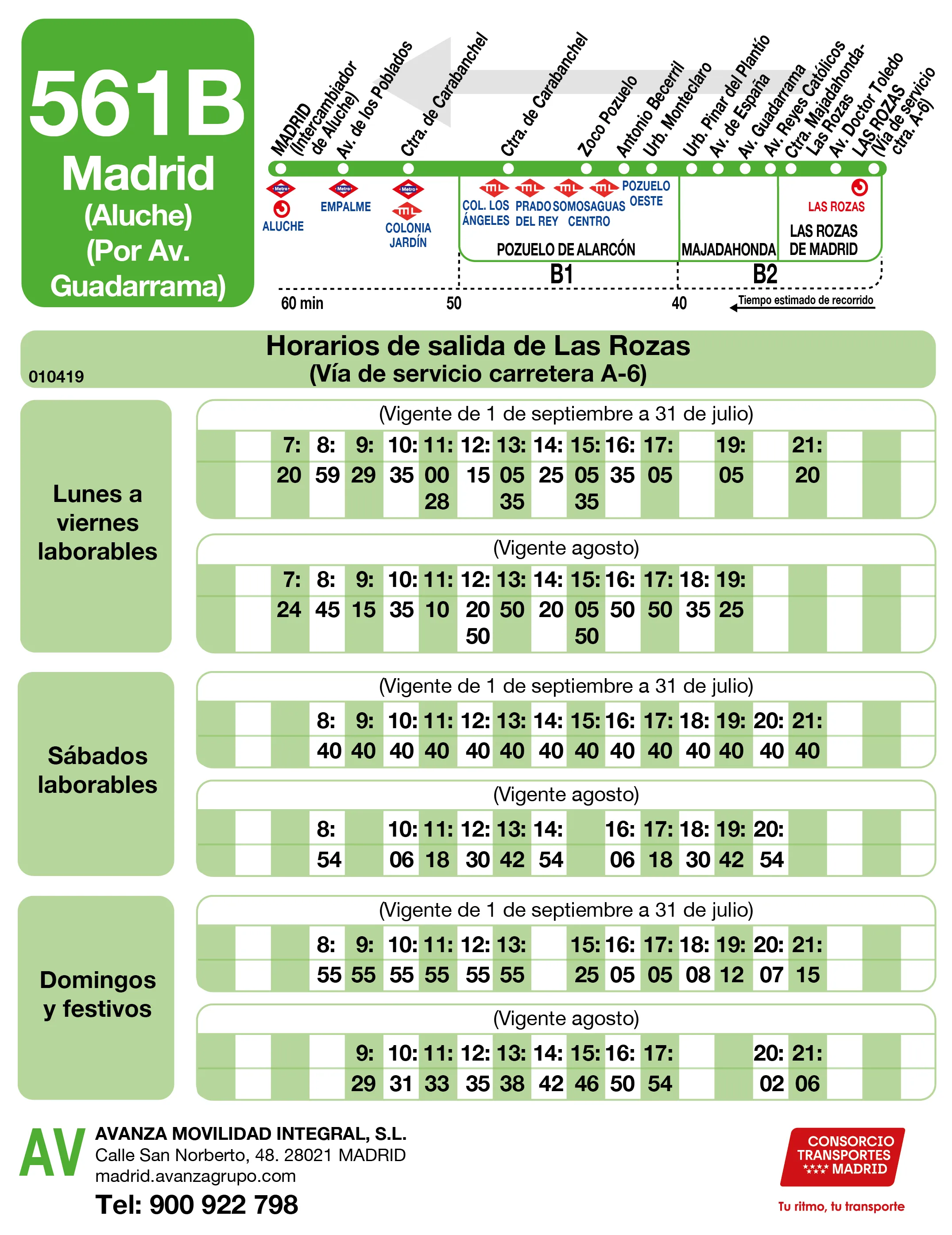 Horario de vuelta de la línea 561B - Autobuses interurbanos Madrid