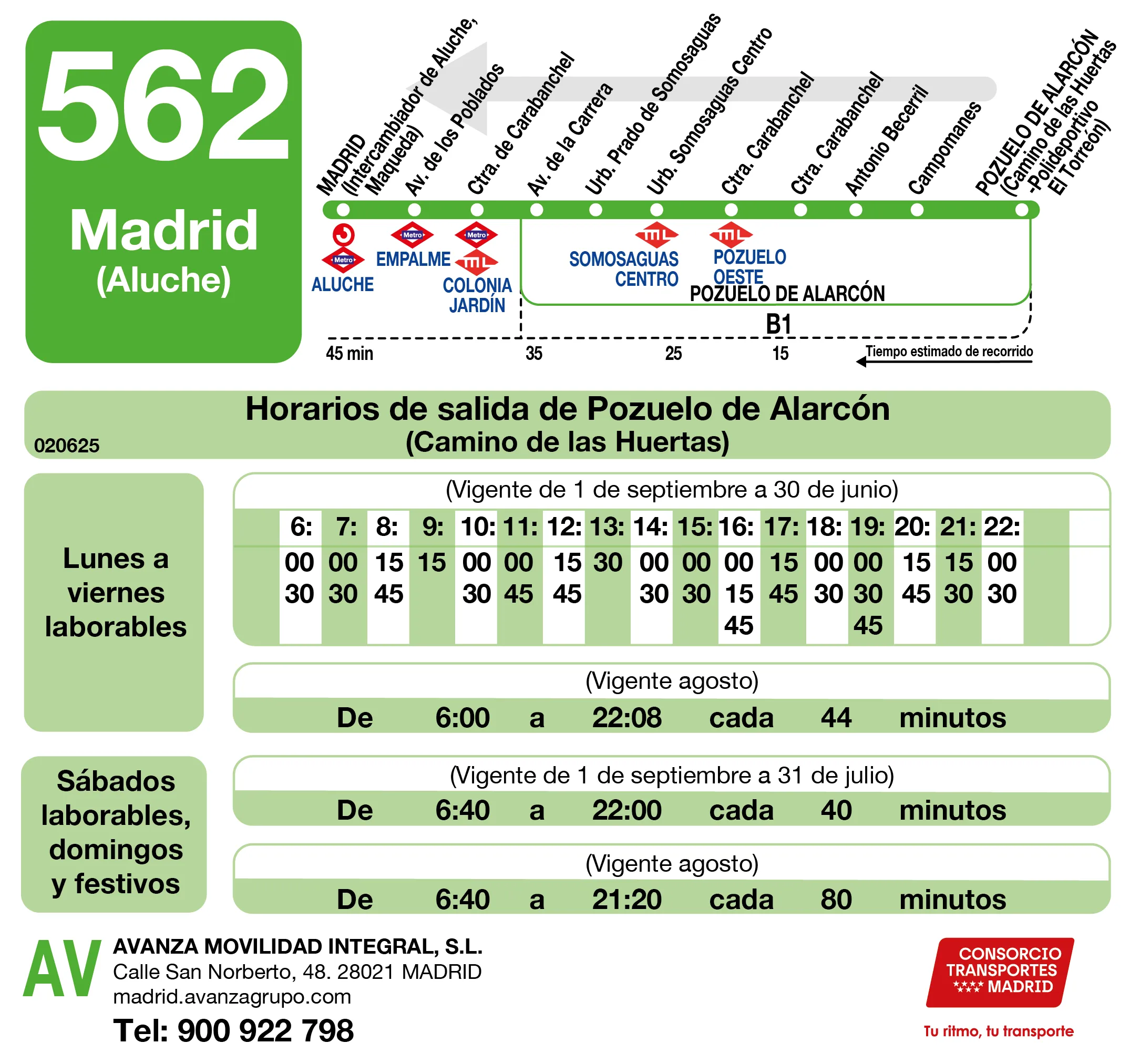 Horario de vuelta de la línea 562 - Autobuses interurbanos Madrid