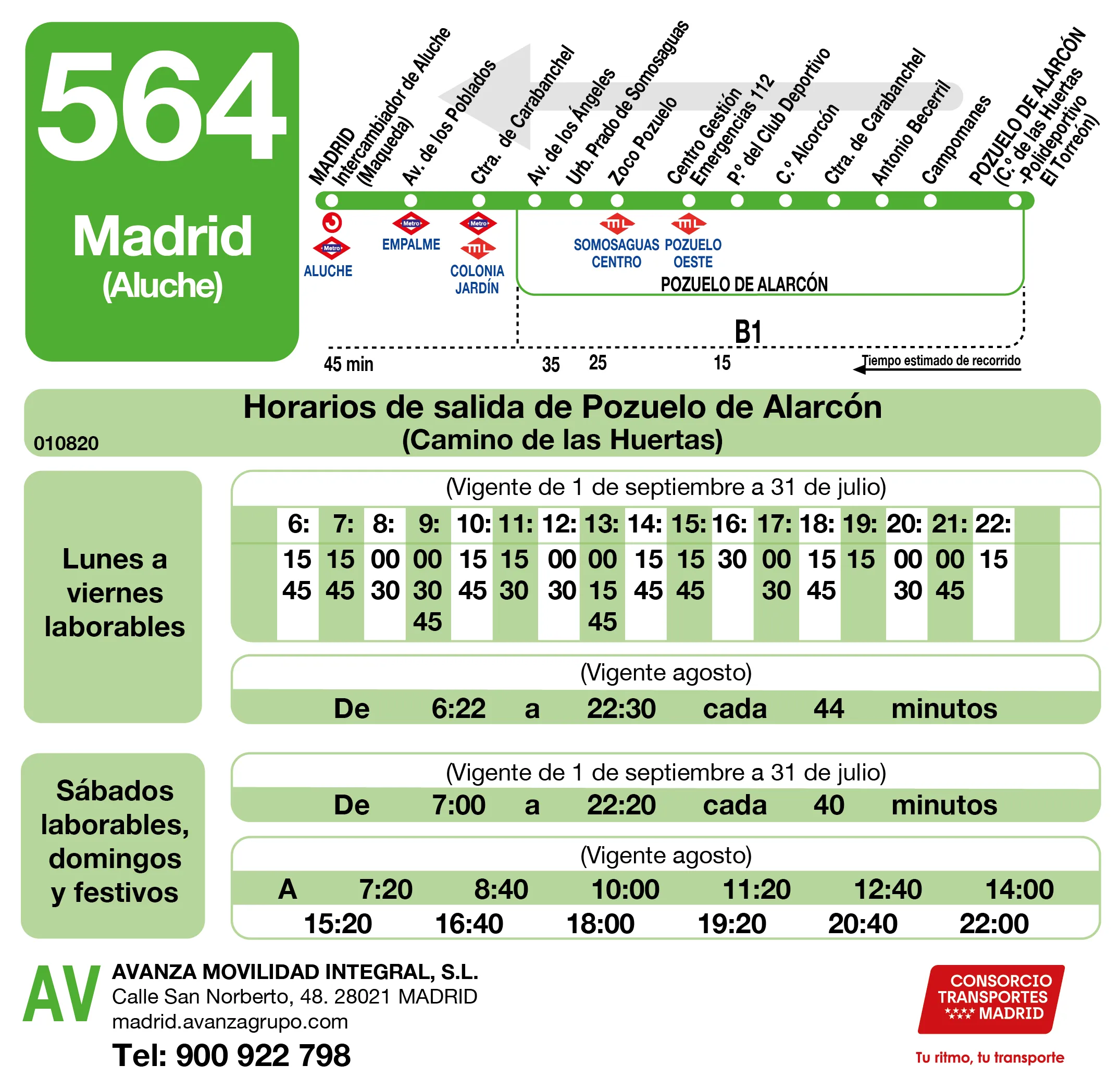 Horario de vuelta de la línea 564 - Autobuses interurbanos Madrid