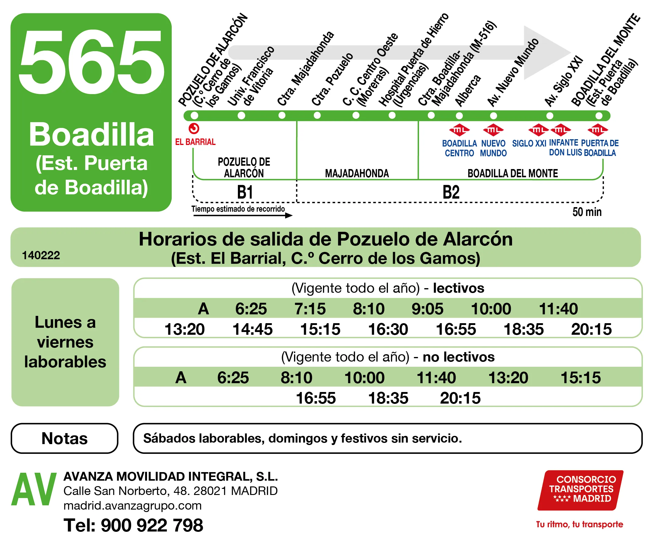 Horario de ida de la línea 565 - Autobuses interurbanos Madrid