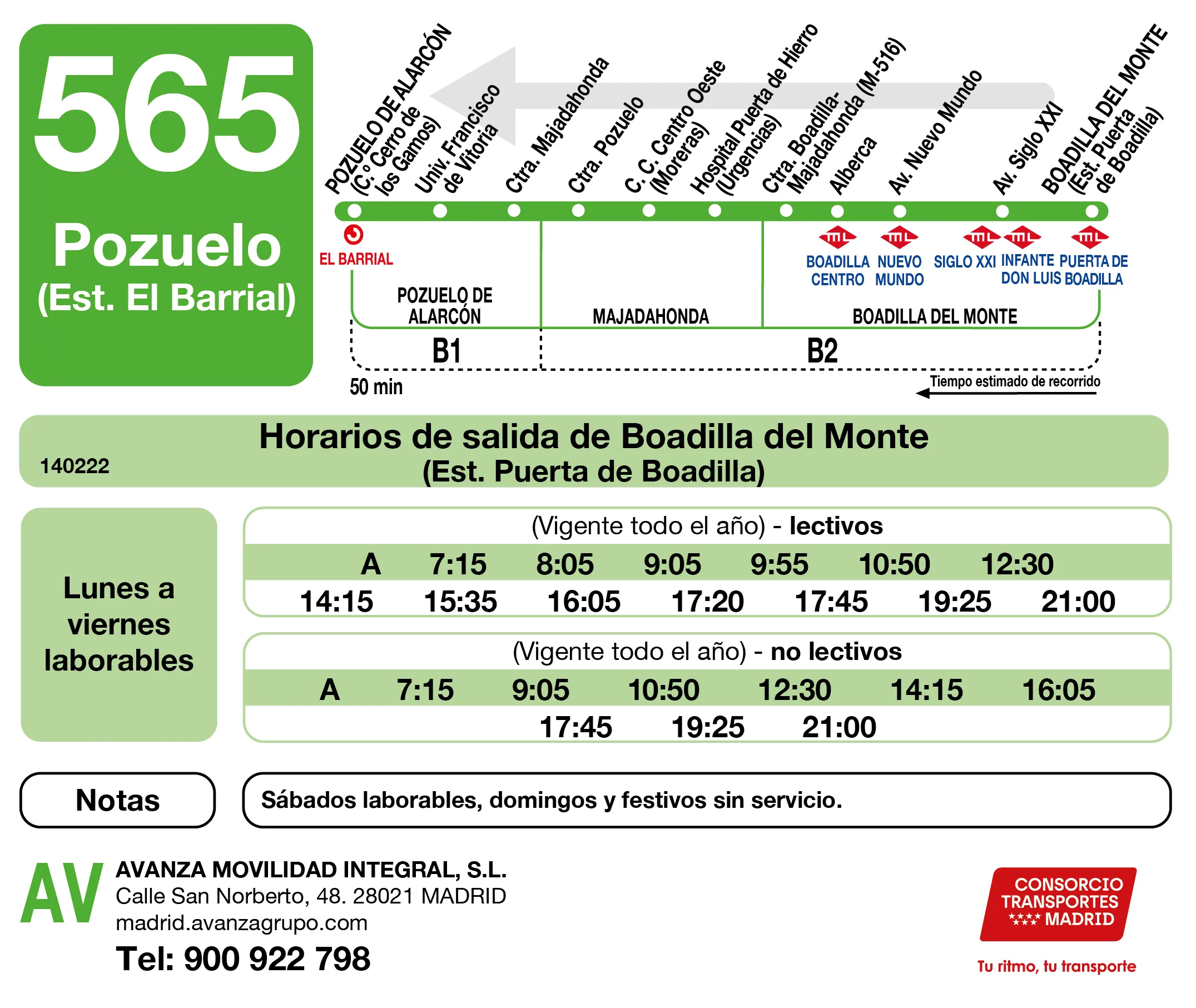 Horario de vuelta de la línea 565 - Autobuses interurbanos Madrid