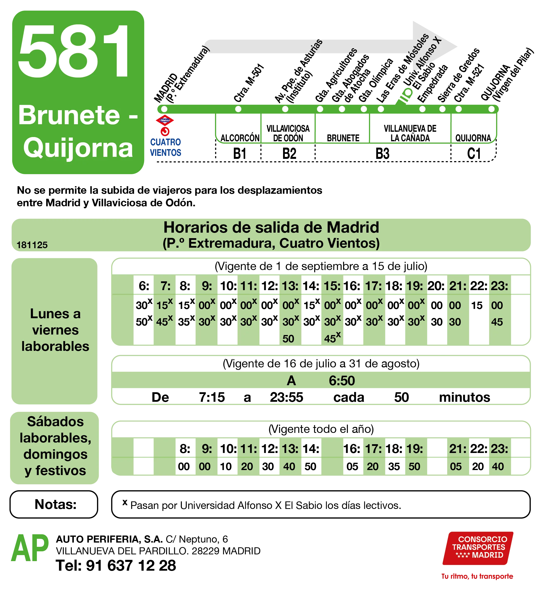 Horario de ida de la línea 581 - Autobuses interurbanos Madrid