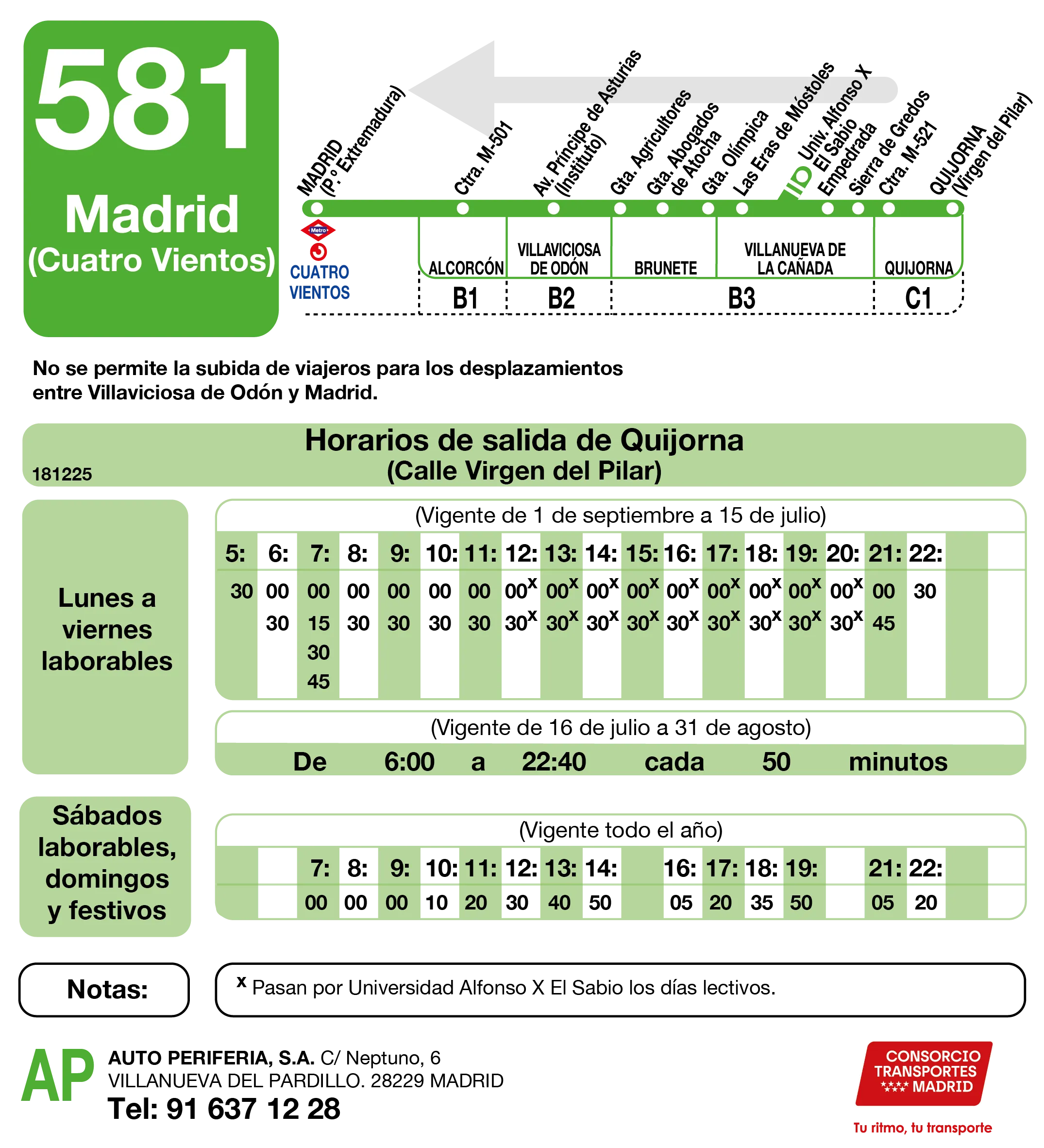 Horario de vuelta de la línea 581 - Autobuses interurbanos Madrid