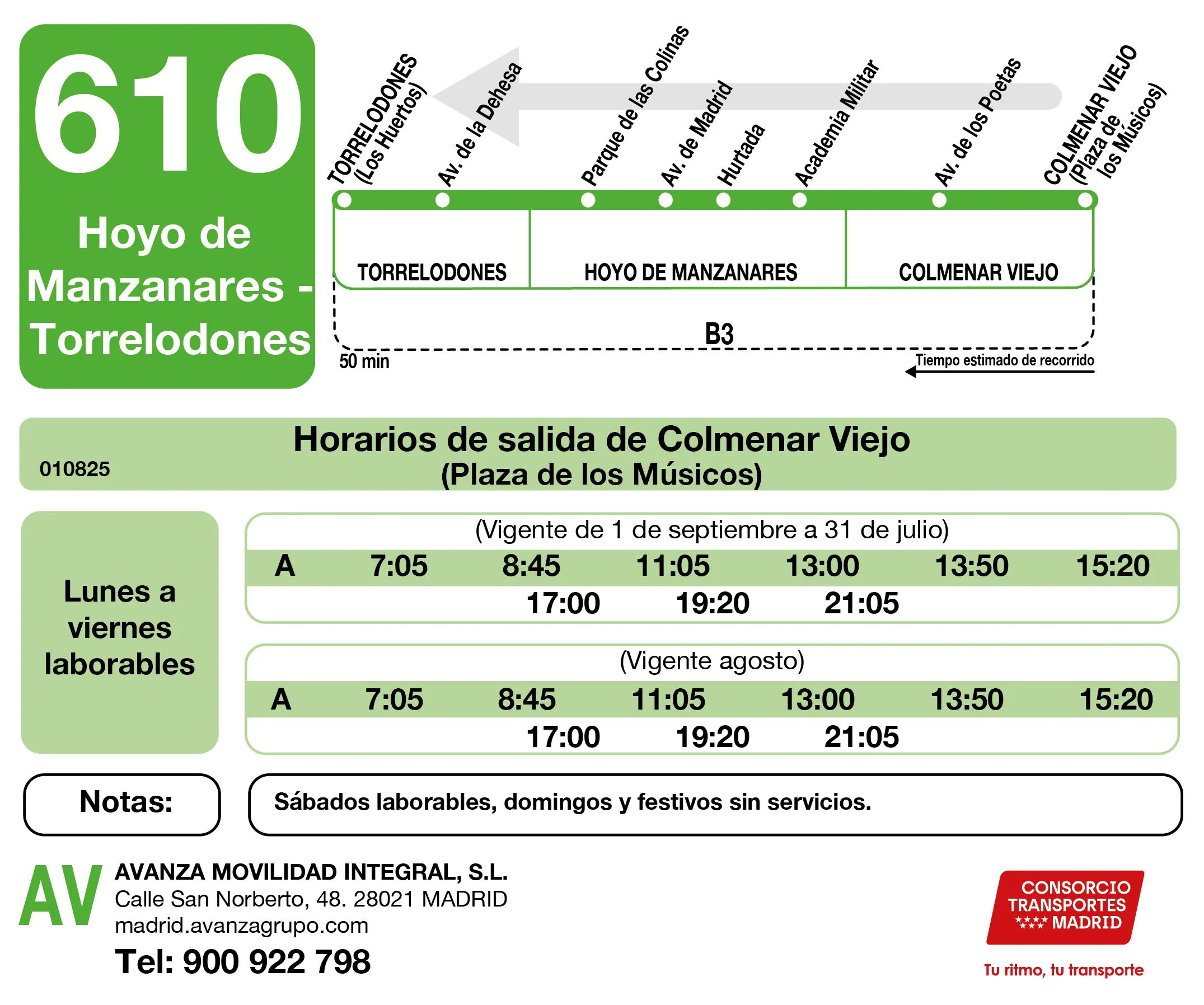 Horario de vuelta de la línea 610 - Autobuses interurbanos Madrid